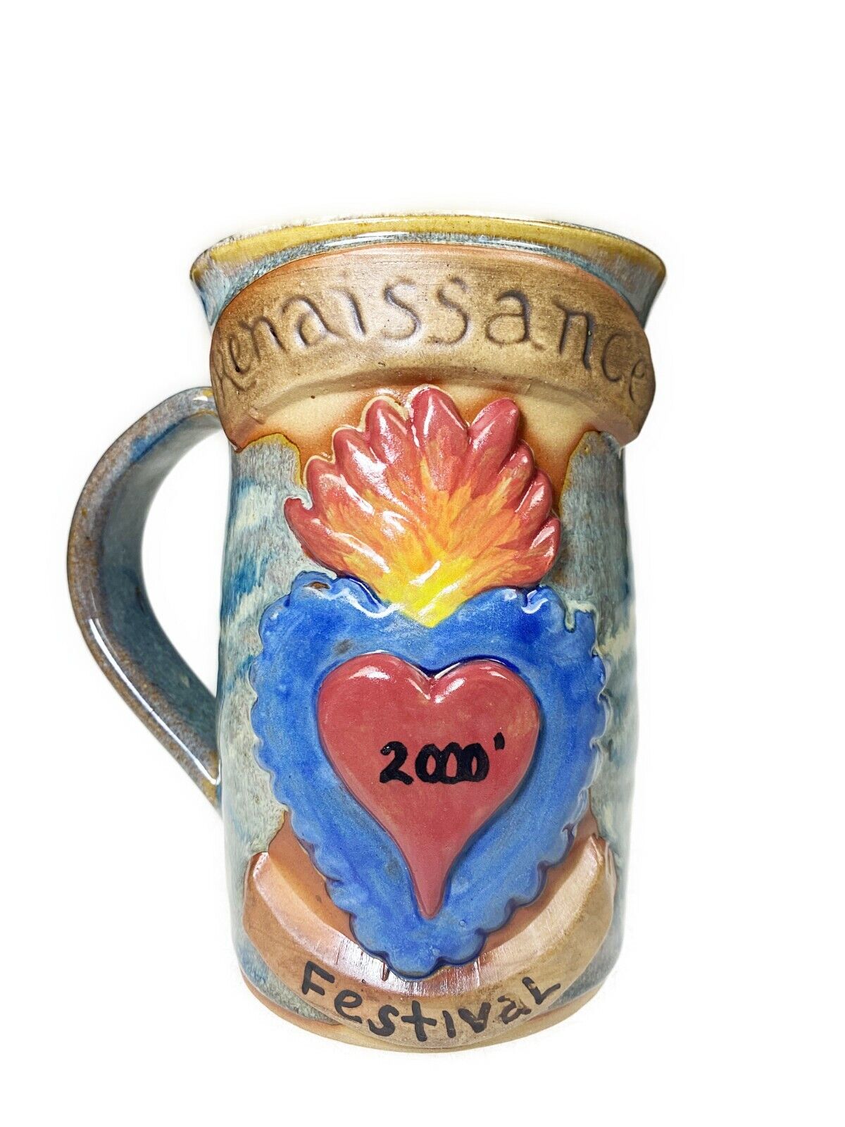 2000 Renaissance Festival Always Azul Pottery Flaming Heart Beer Mug Cup 