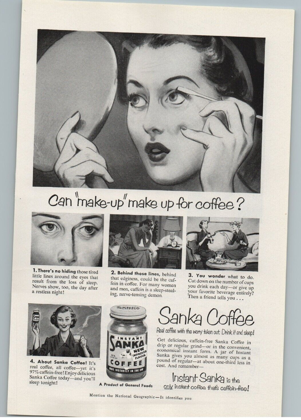 Vintage Sanka Coffee Magazine Print Ad 1951 General Foods Woman Applying Makeup