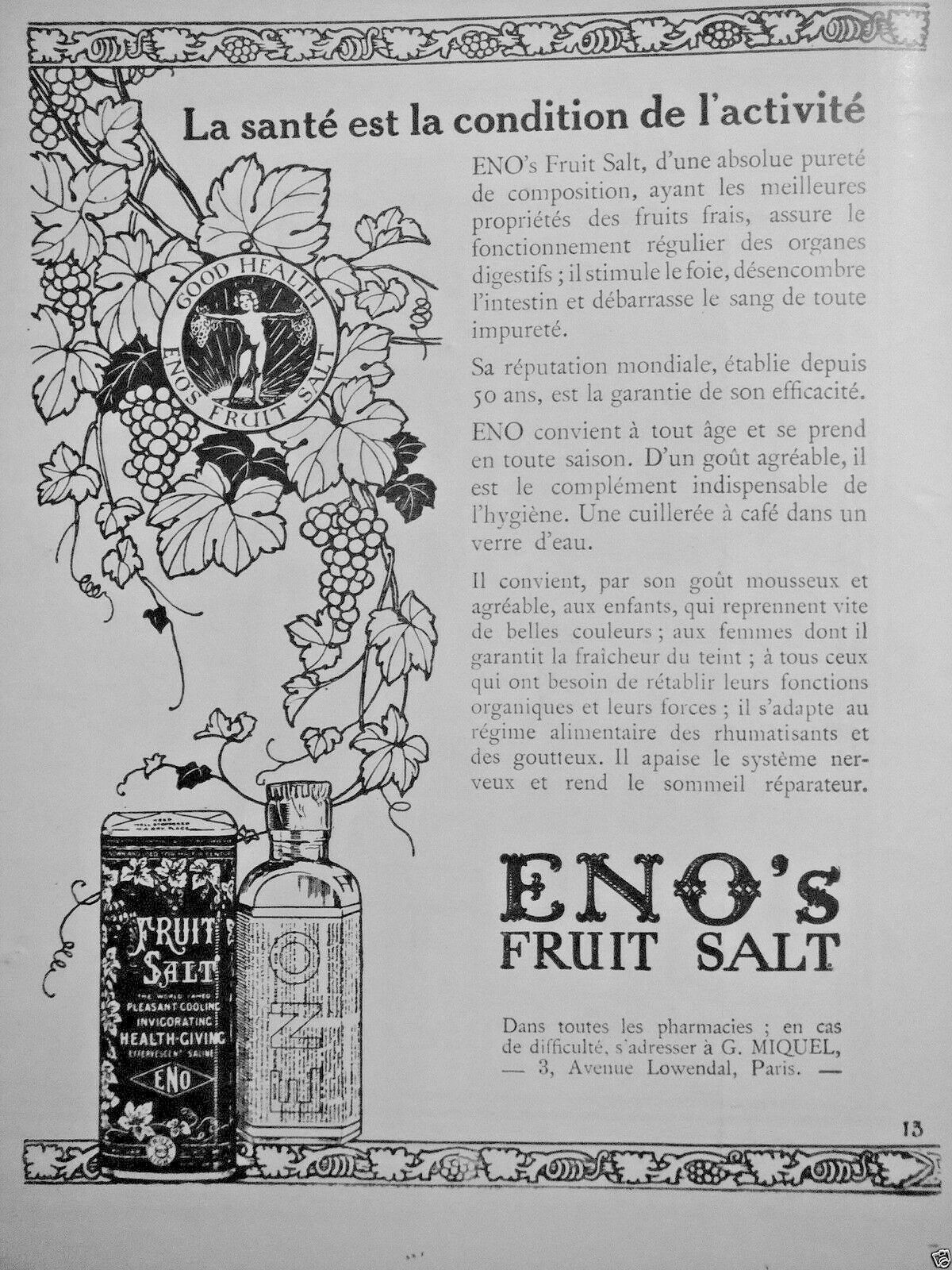 1922 ENO'S FRUIT SALT HEALTH IS ACTIVITY CONDITION ADVERTISING - ENOS