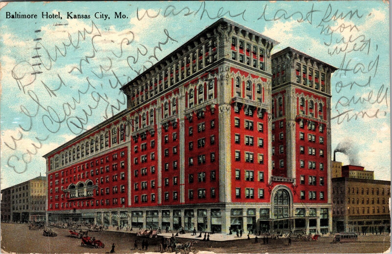 Kansas City MO-Missouri, Baltimore Hotel, Busy Street, Vintage Postcard