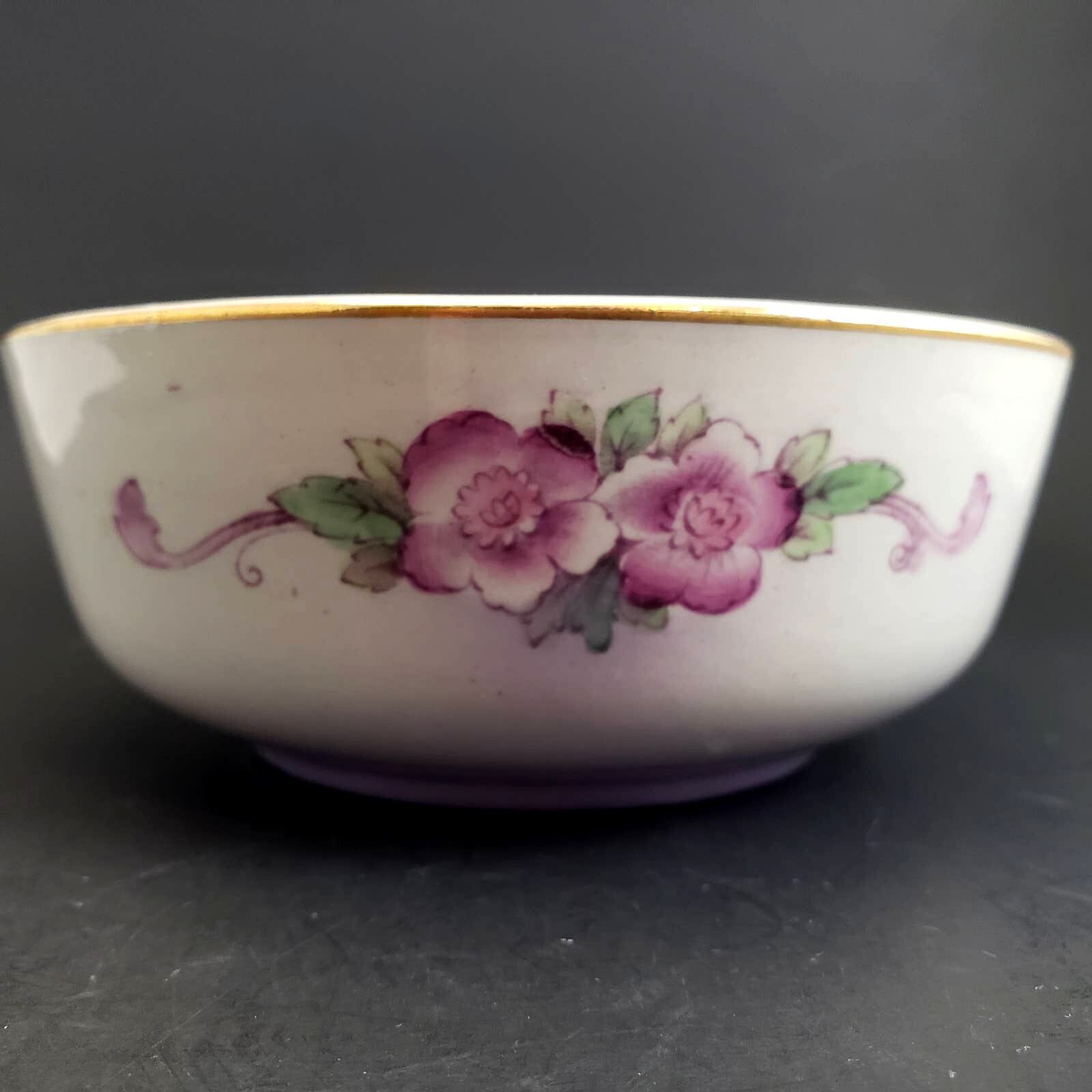 Vintage Ceramic porcelain purple floral transfer Bowl Gold trim 5
