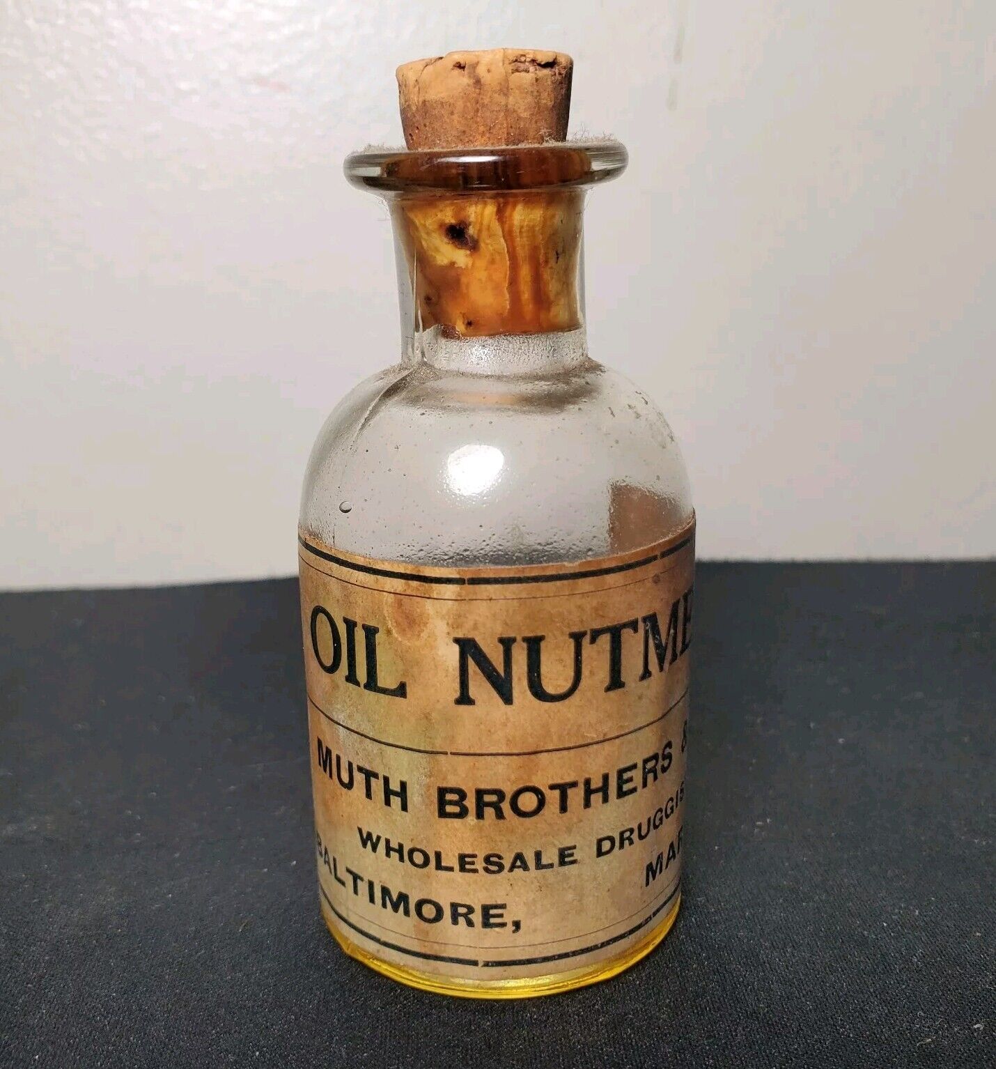 Antique Labeled Nutmeg Oil Druggist Bottle from Baltimore MD