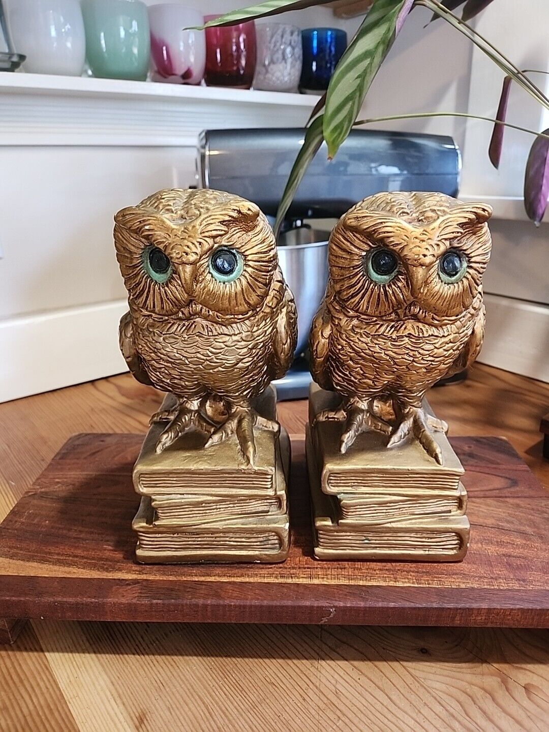 1966 Progressive Art Products Gold Plaster Green Eyed Owl Bookends