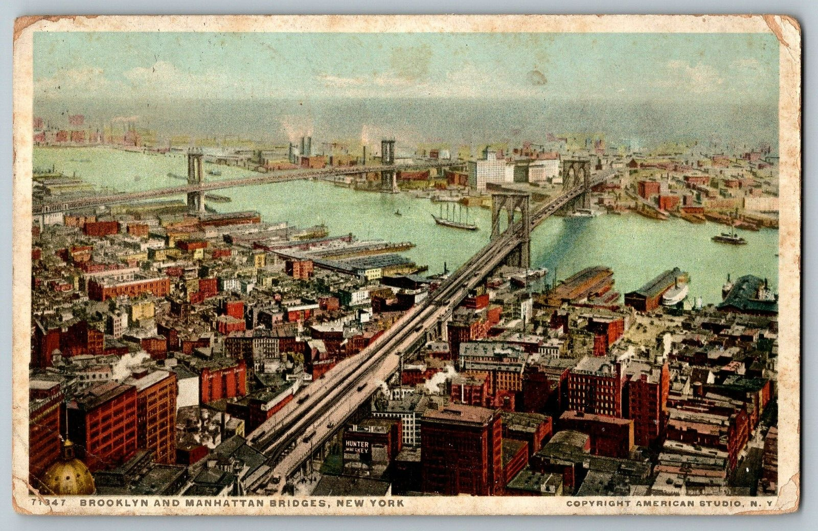 Brooklyn and Manhattan Bridge, New York - Vintage Postcard - Posted 1924