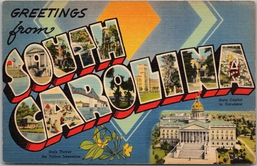 Vintage SOUTH CAROLINA Large Letter Postcard State Capitol Flower -Tichnor Linen
