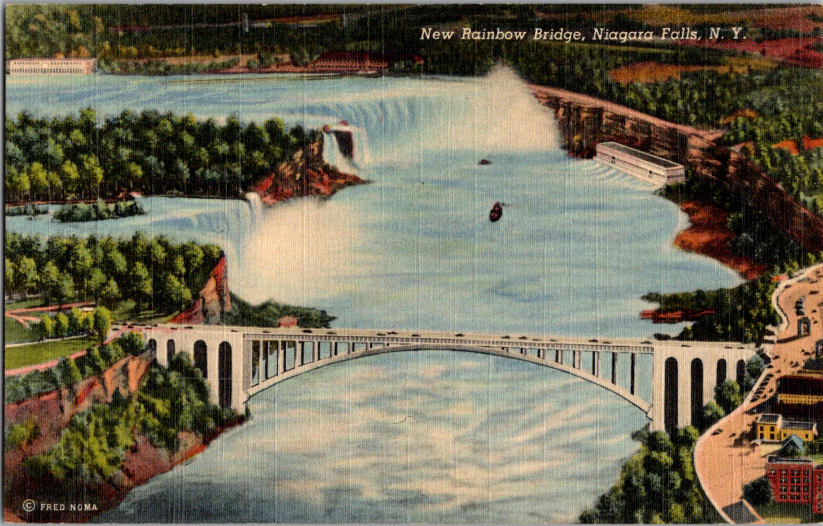 Vintage C 1940's Aerial View New Rainbow Bridge over Niagara Falls NY Postcard