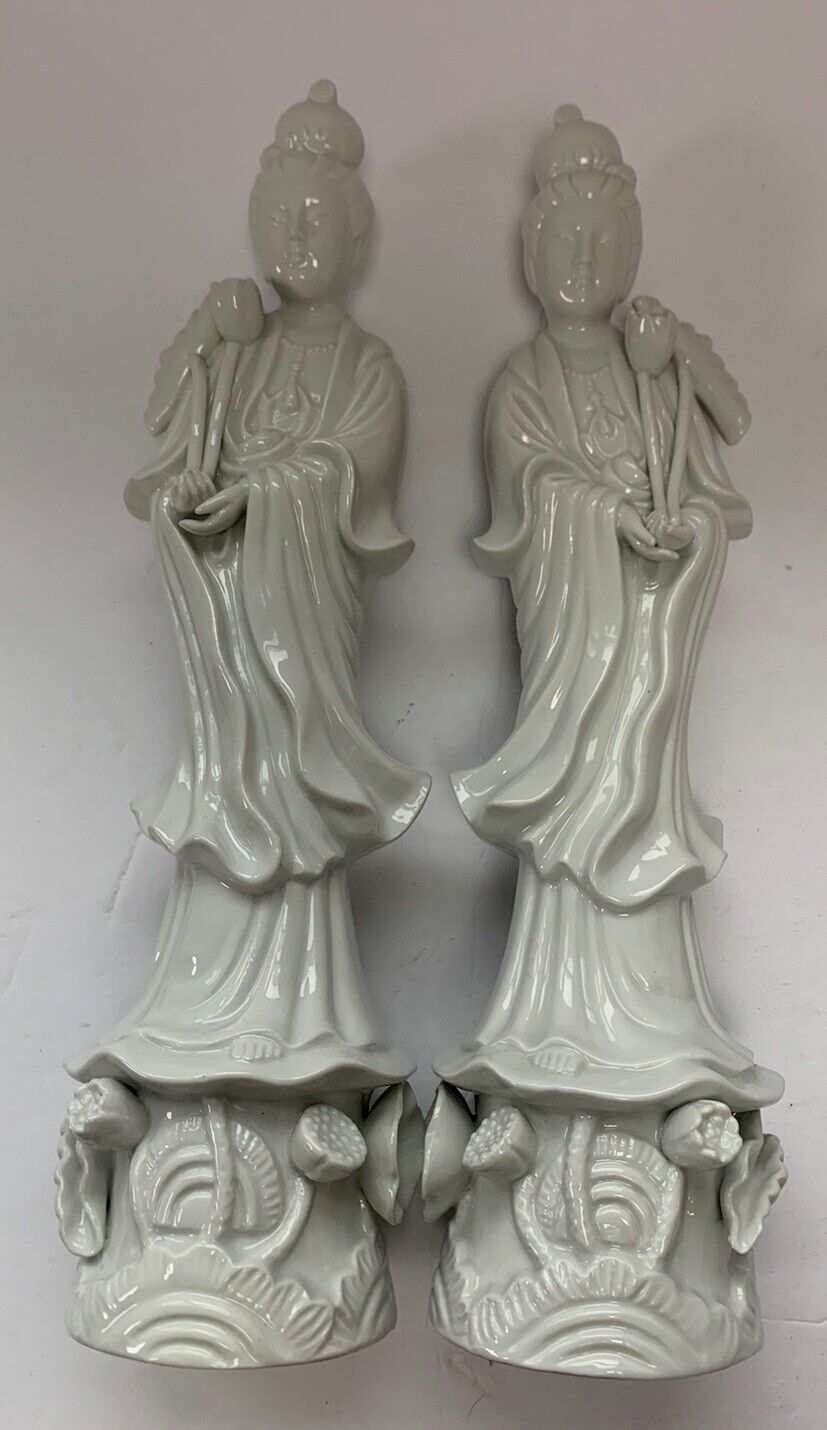 Chinese Guanyin & KwanYin Lotus Blanc DeChine Porcelain Figurine Statues Vintage