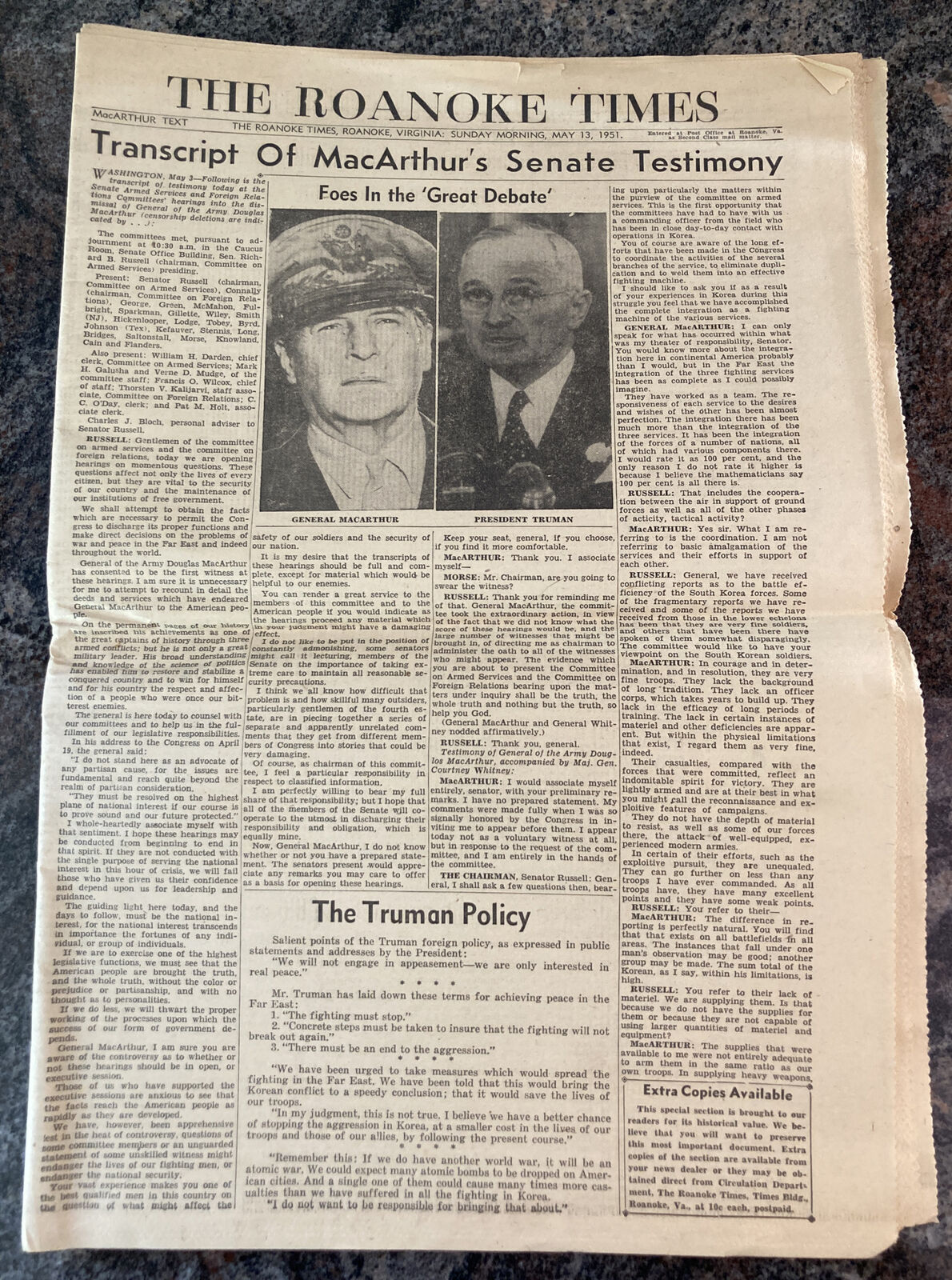 1951 May 13 The Roanoke Times Newspaper MacArthur’s Senate Testimony Transcript
