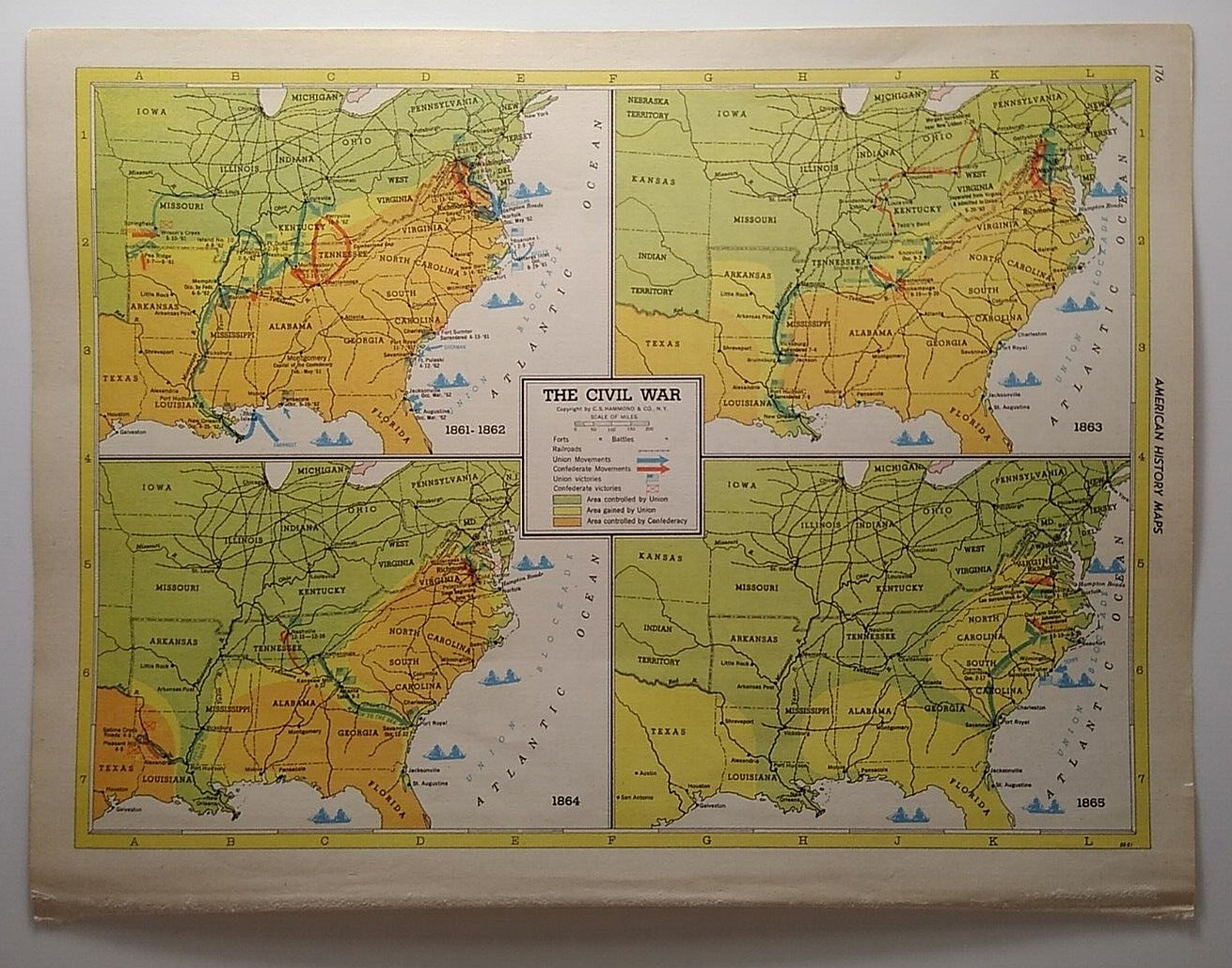 1955 Antique CIVIL WAR Atlas Map - Vintage MCM Hammond\'s New Supreme World Atlas