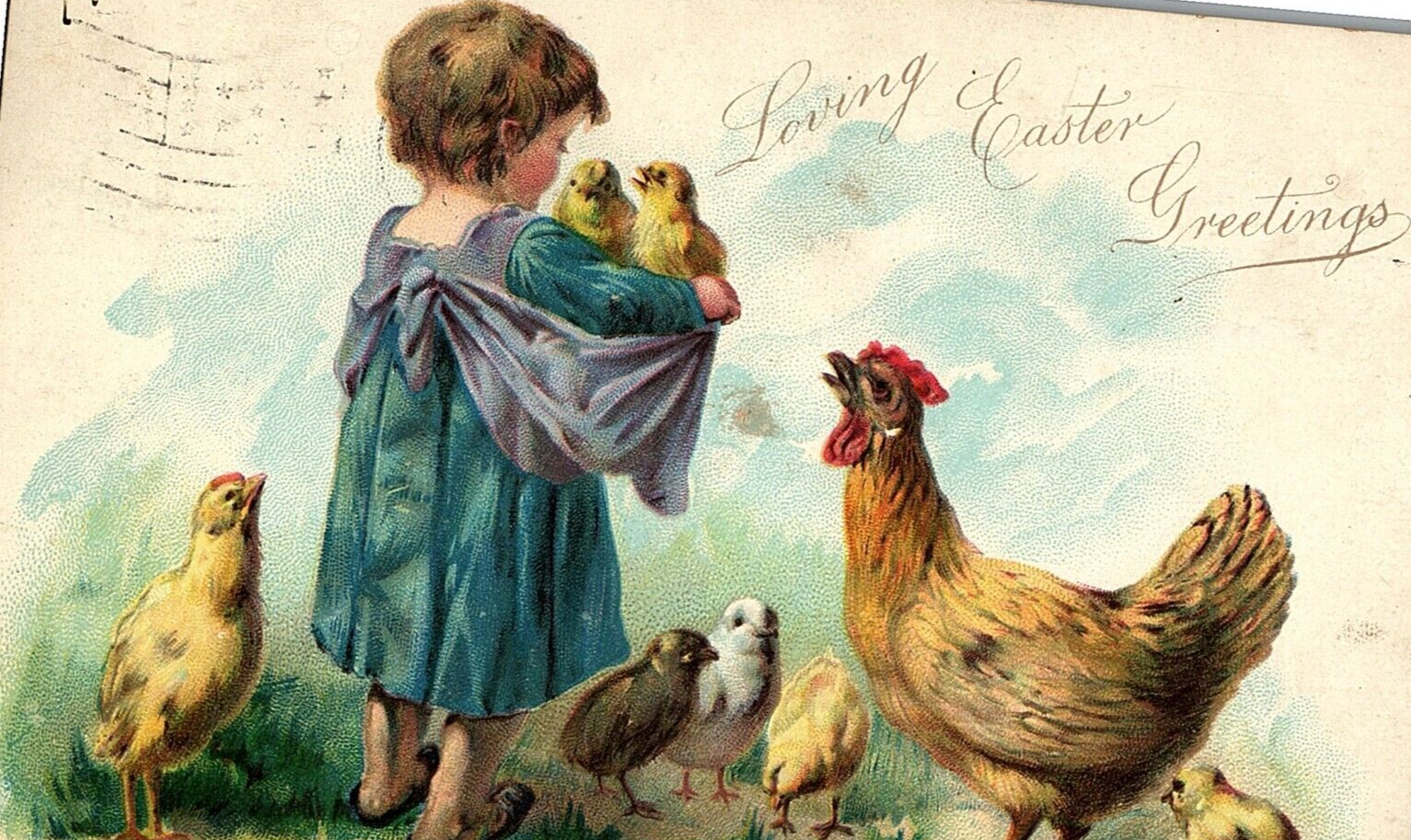 C1905 Tuck Child Easter Greeting Chicken Holding Chicks VTG Antique Postcard