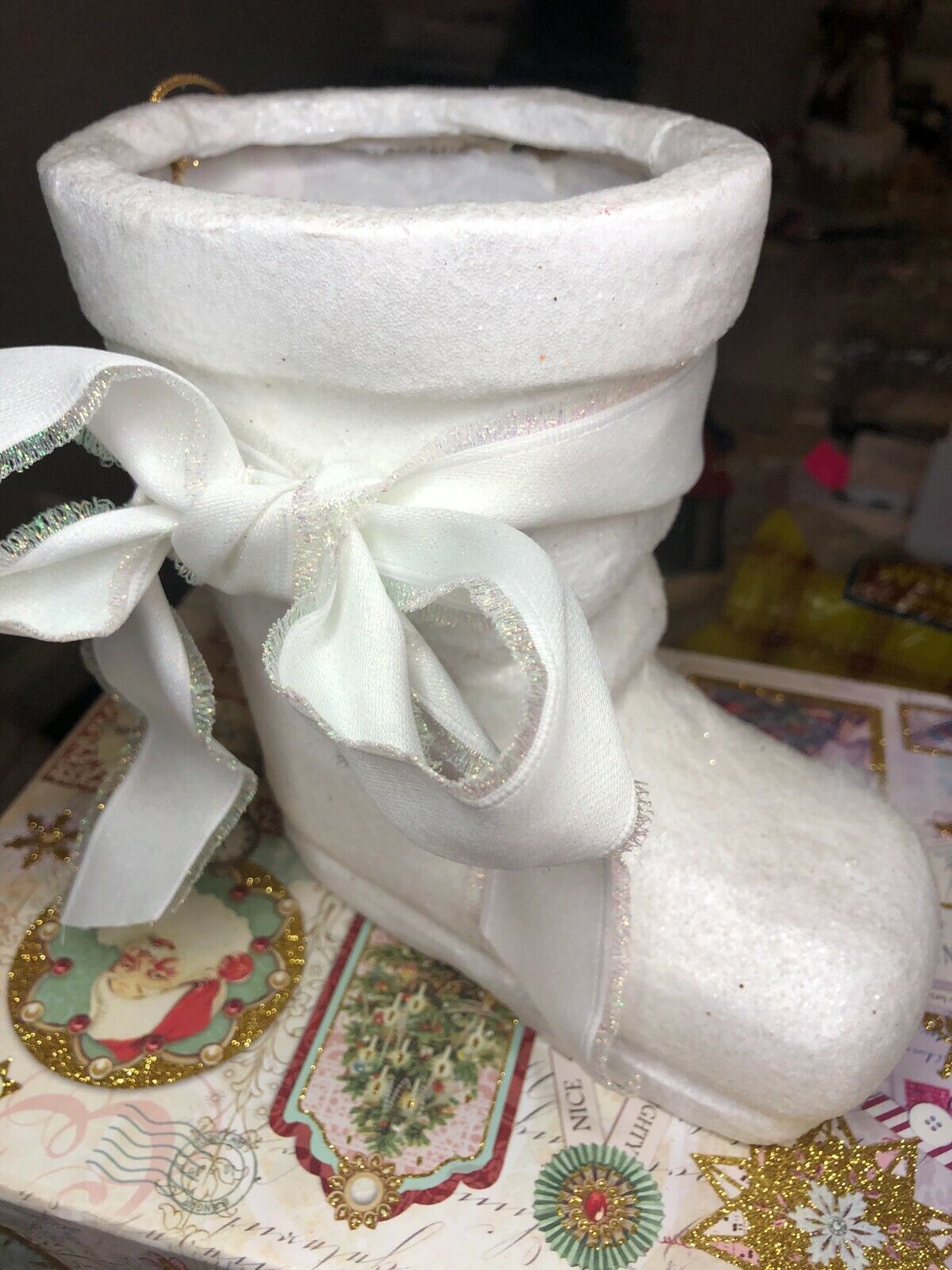 Vtg Big WHITE SANTA'S BOOT Paper Mace Mica Snow Ribbon ORNAMENT Figurine a