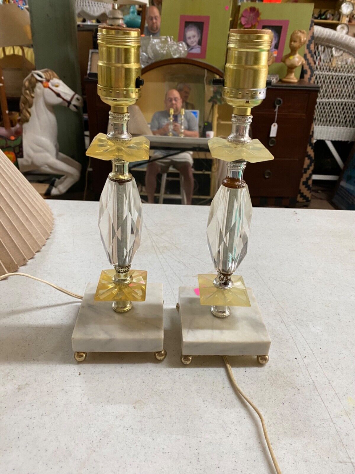 Pair of Brass Footed Hollywood Glam Vintage MCM Crystal and Marble Lamps