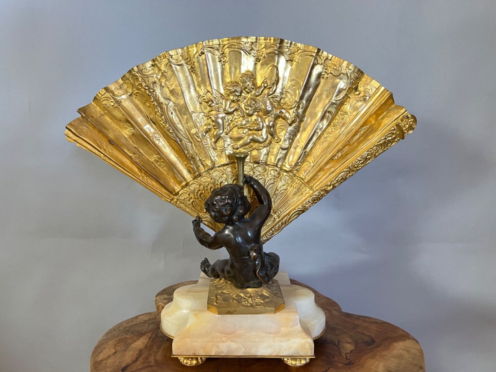 Rare Antique French 19th Century Bronze Marble Cherub Fan Vase