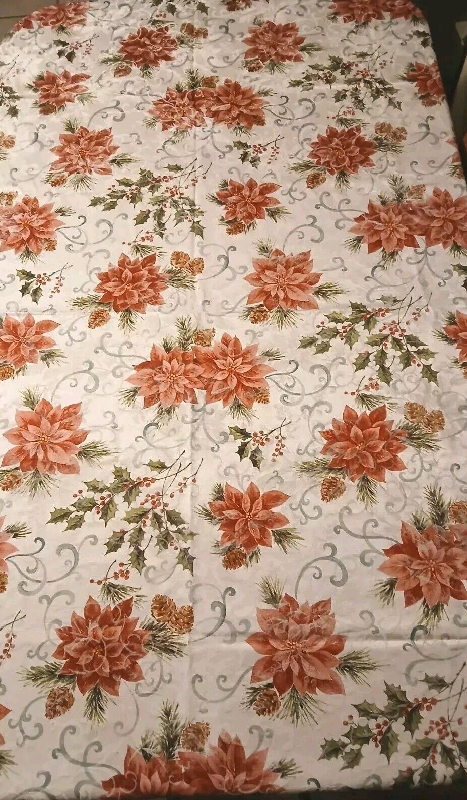Vintage Christmas Damask Table Cloth Poinsettias Pine Cones 80 X 57 Rectangle
