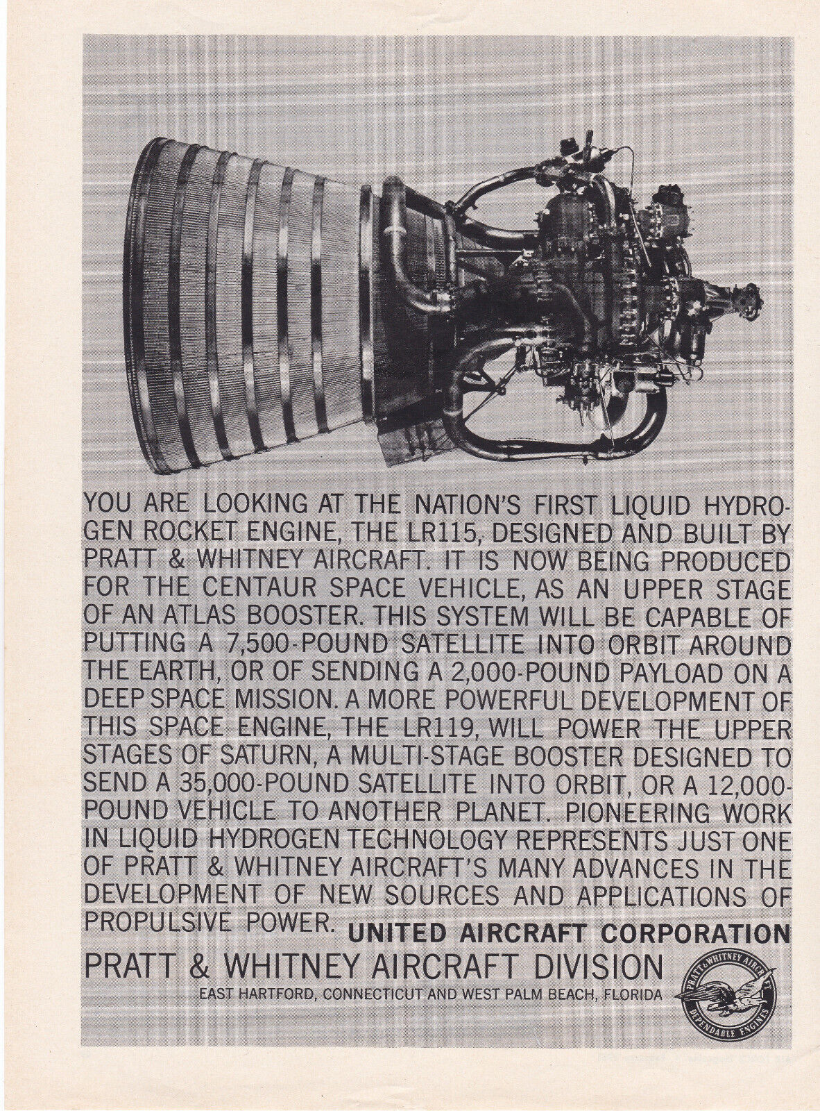 1961 Pratt & Whitney Hydrogen Rocket Engine Print Ad Centaur Space Vehicle Atlas
