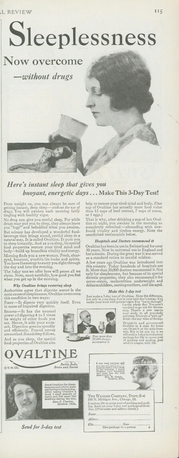 1928 Ovaltine Overcome Sleeplessness 3 Day Test Woman Cup Vintage Print Ad PR4