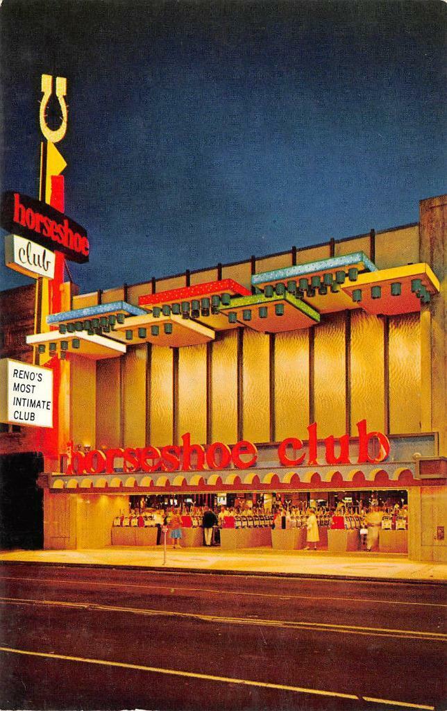 RENO'S HORSESHOE CLUB Nevada Casino Night Scene c1950s Vintage Postcard