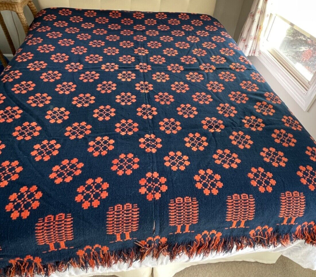 Antique Navy Blue and Orange Jacquard Bed Coverlet YY906