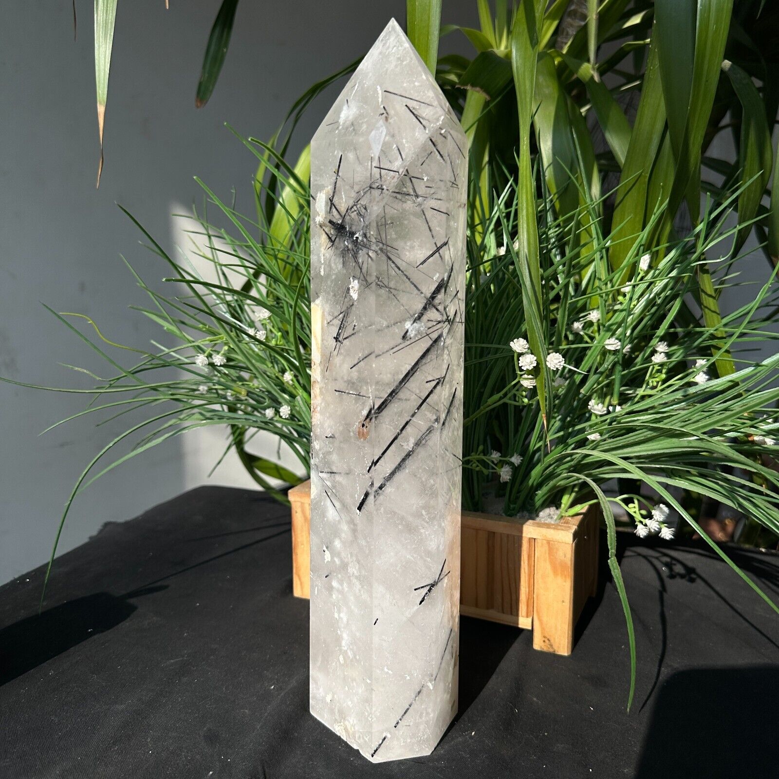6.71LB TOP Natural black tourmaline Quartz obelisk Crystal wand point Healing