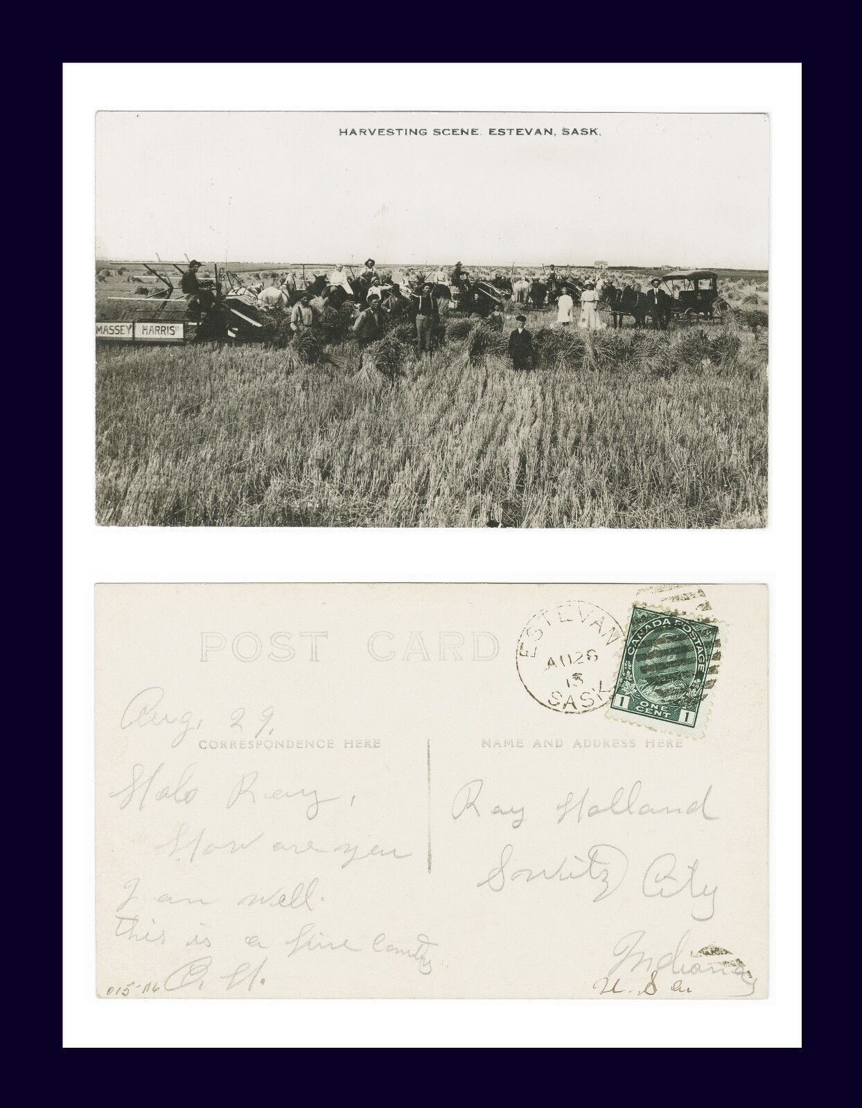 CANADA SASKATCHEWAN ESTEVAN MASSEY HARRIS 1913 TO RAY HOLLAND, SWITZ CITY, IN.