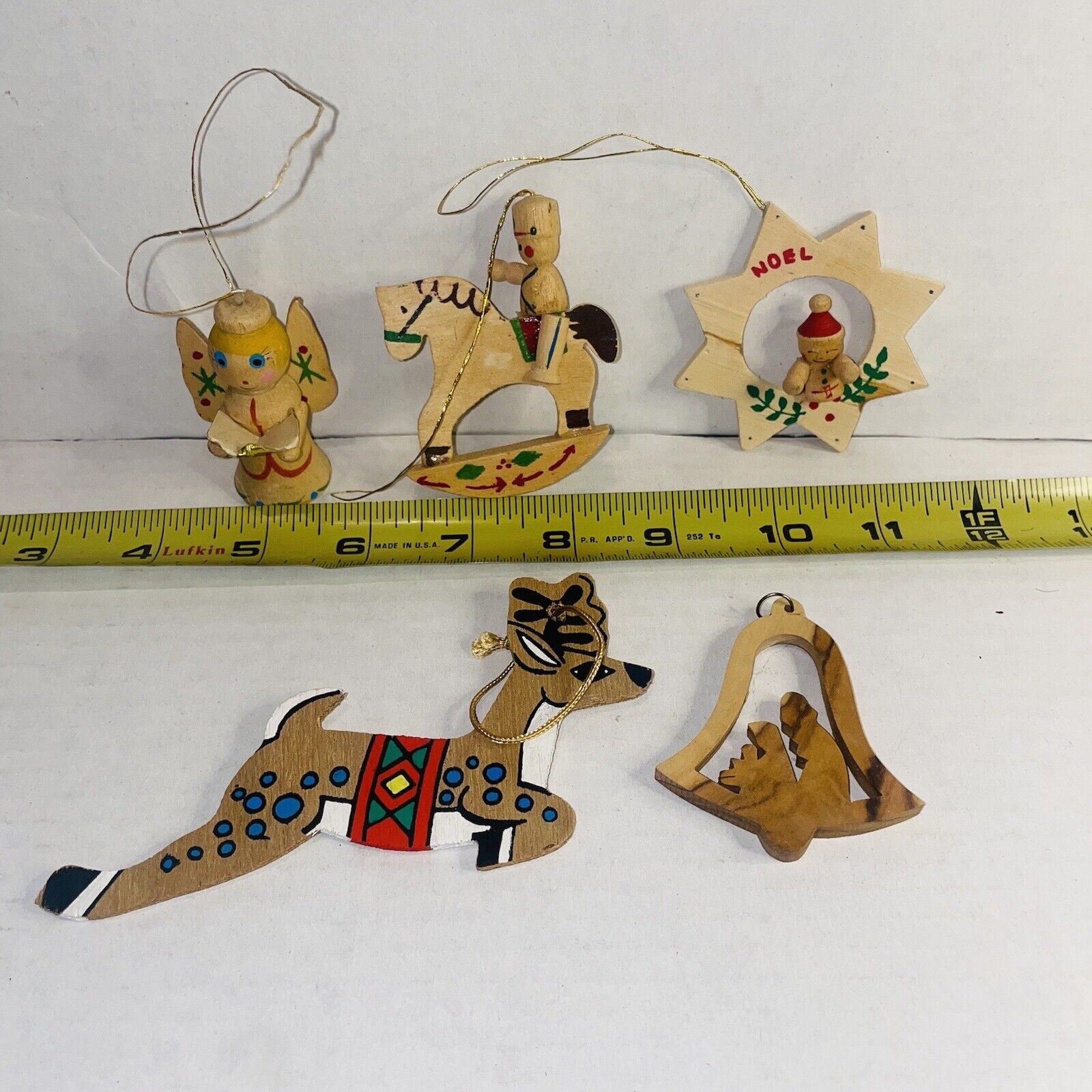 Vintage Lot of 5 Classic Mini Wooden Christmas Ornaments Hand Painted Holiday