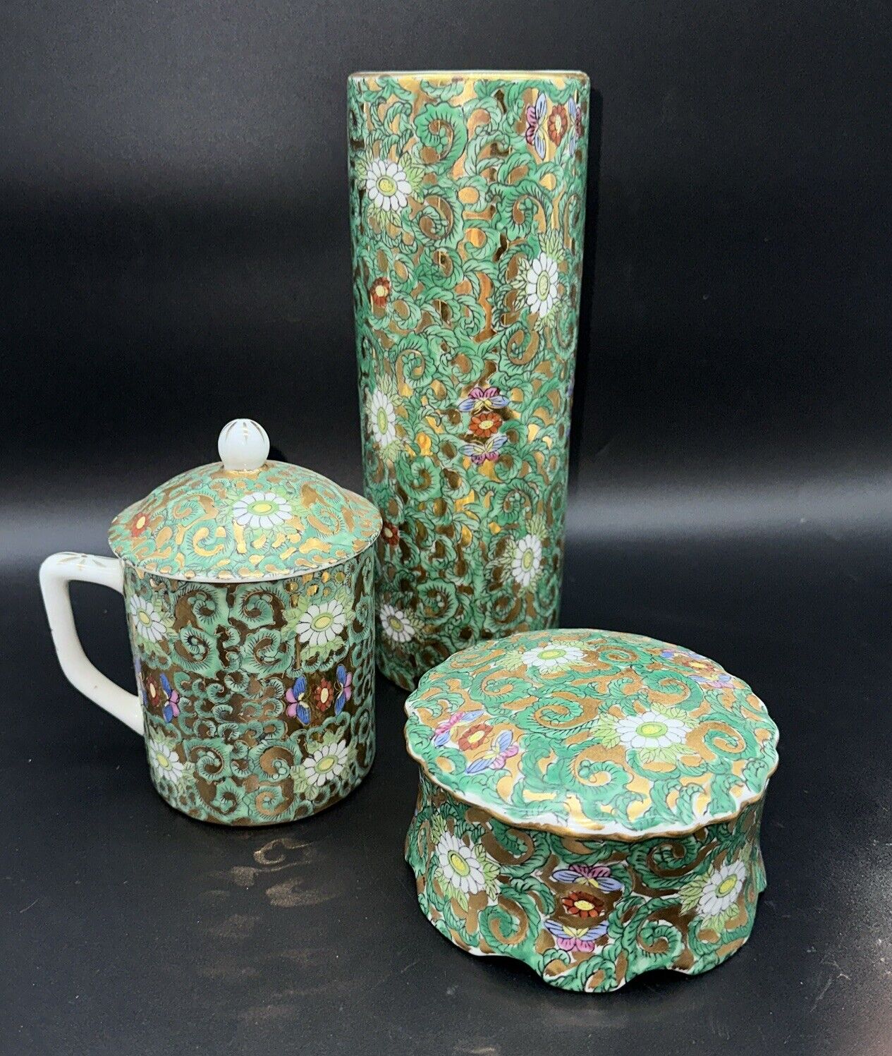 Porcelain Brass Hand Painted Overjoy Floral Vintage Trinket Dish Coffee Cup Vase
