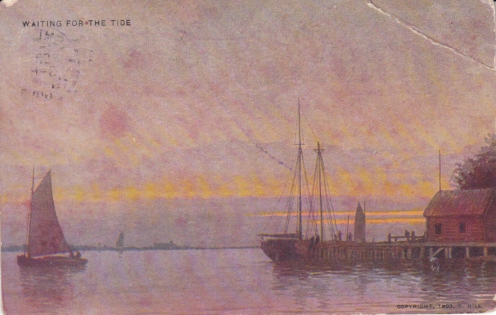 Postcard Art Waiting for the Tide Boats at Dock at Sunrise c1903 5Z