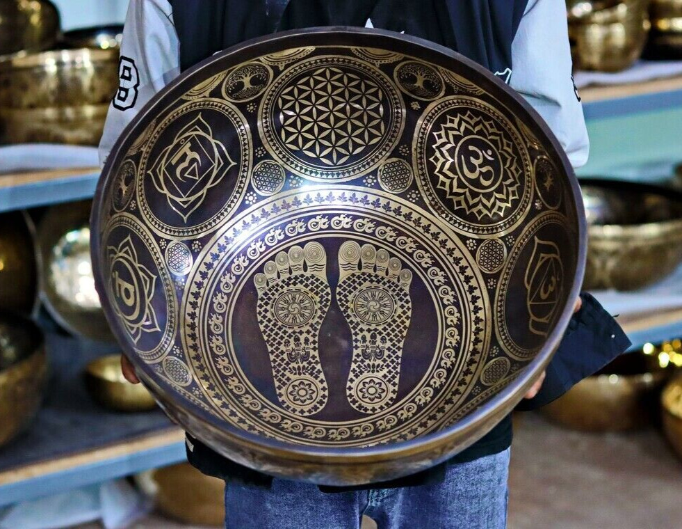 13 inch feet carved singing bowls - Flower of life geometry - healing bowls yoga