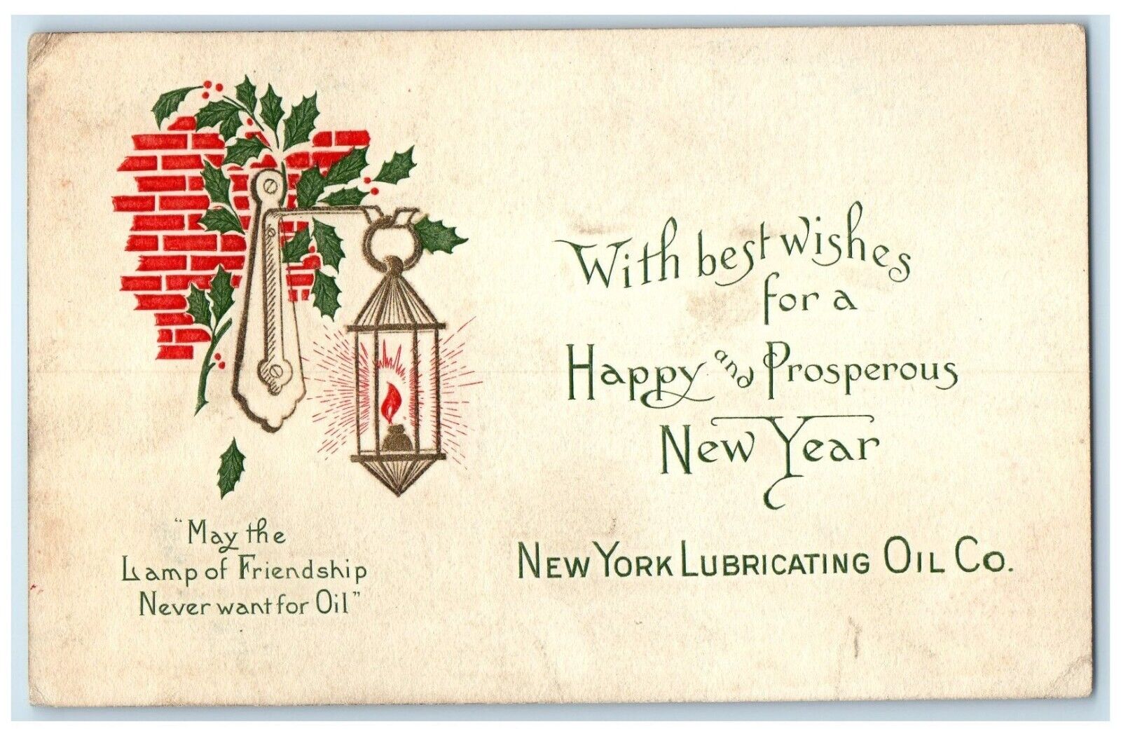 c1905 New Year Candle Lamp Holly Berries New York Lubricating Oil Co. Postcard