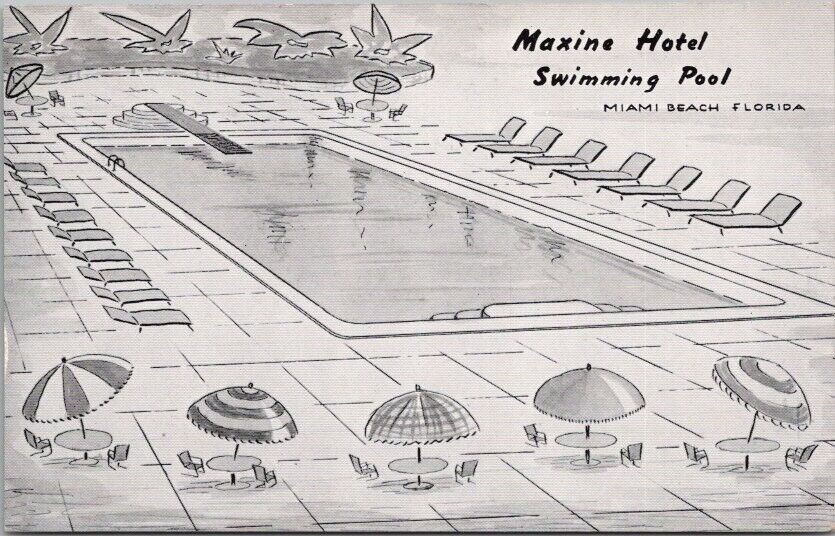 Miami Beach, Florida Postcard MAXINE HOTEL Swimming Pool, Artist's View c1950s