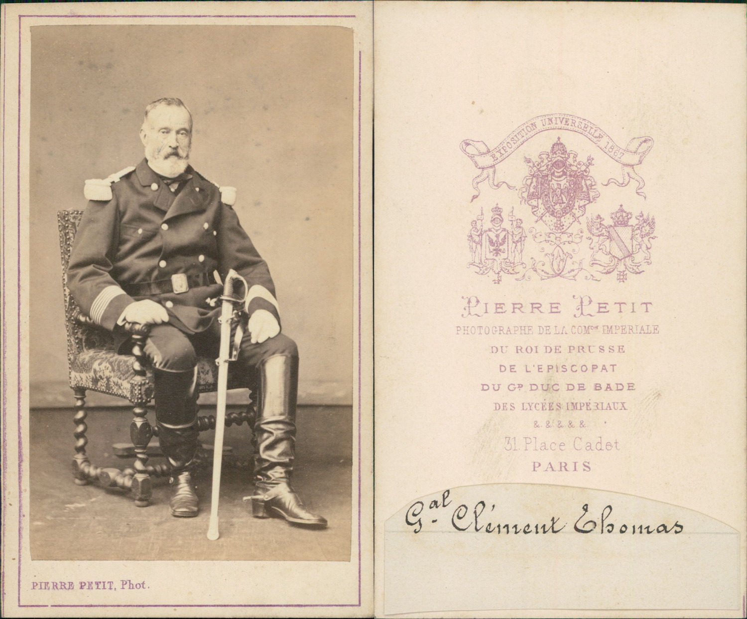 Pierre Petit, Paris, General Clément-Thomas Vintage CDV albumen business card.