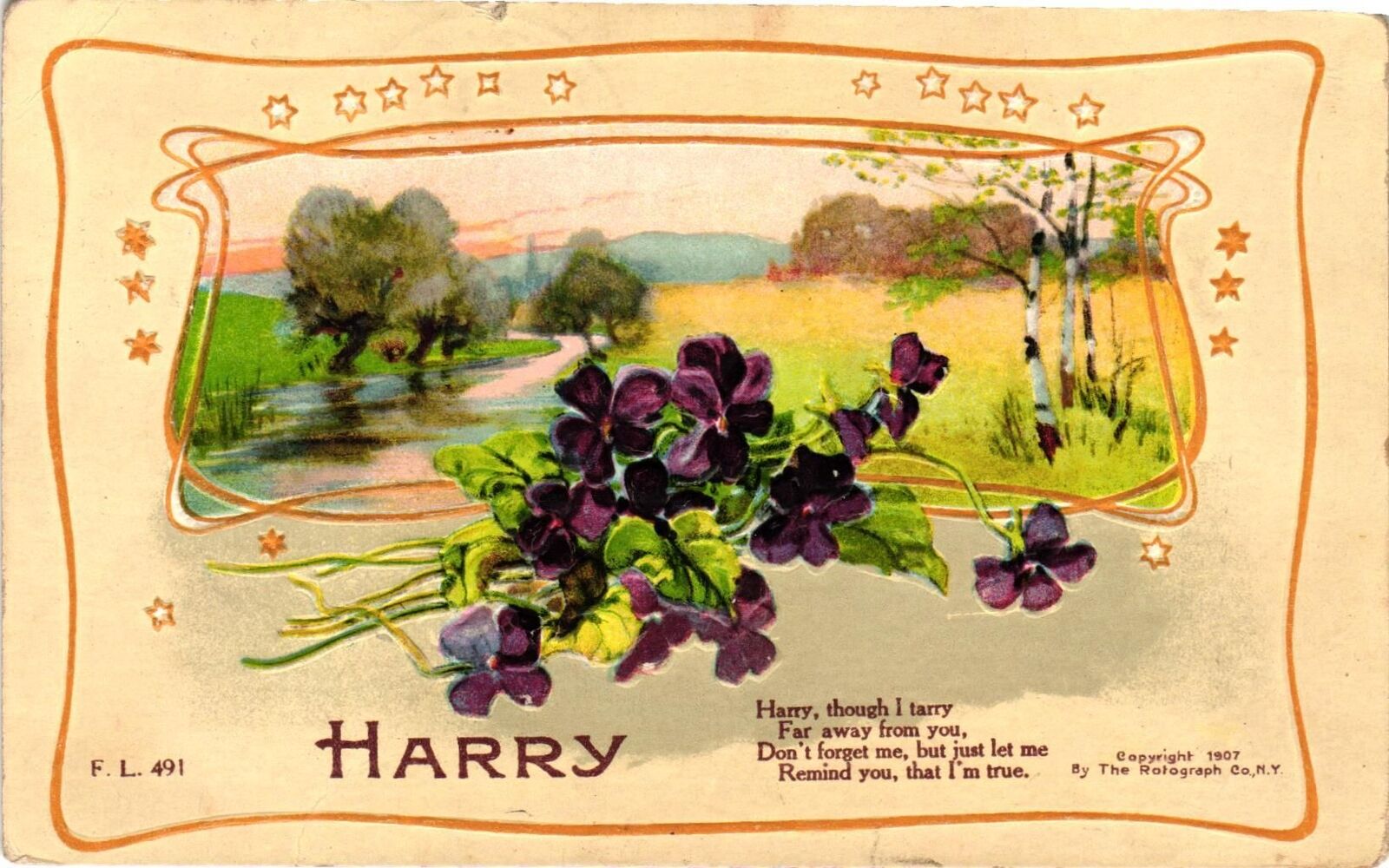 Vintage Postcard- F. L. . Harry, Poem Embossed. Posted 1908