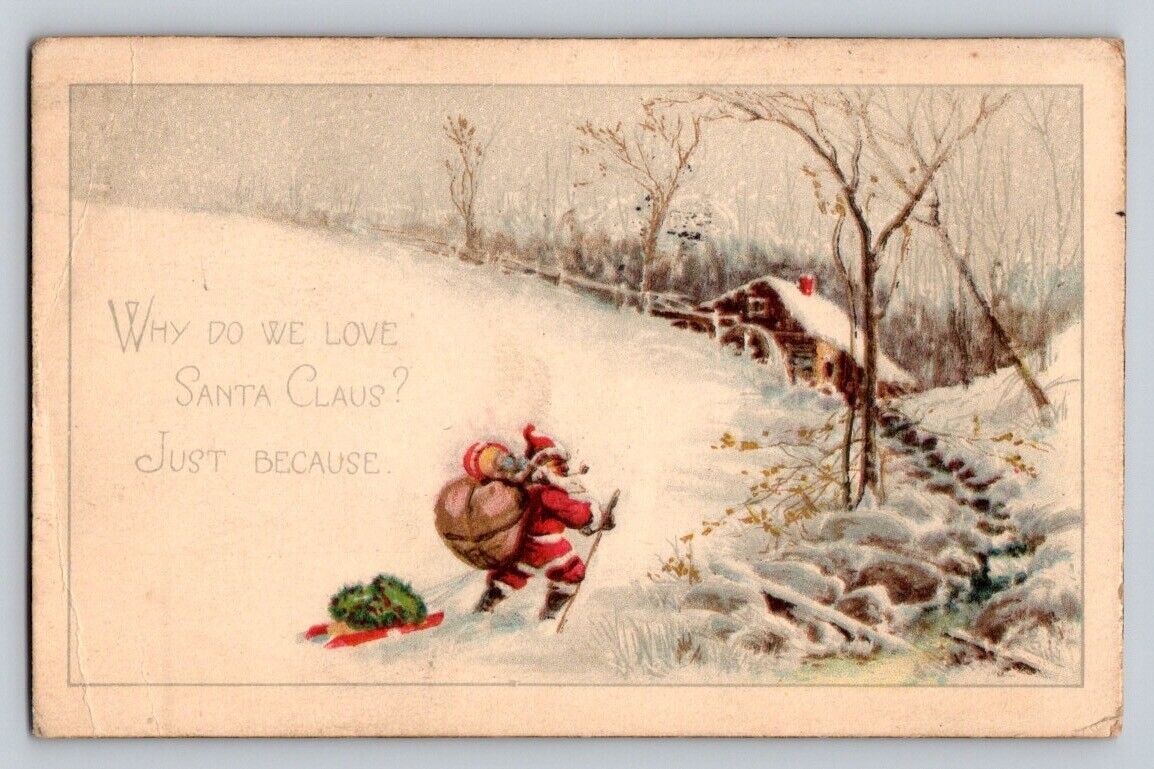 c1915 Santa Claus Smoking Walking Through Snow Sled Tree Christmas P265