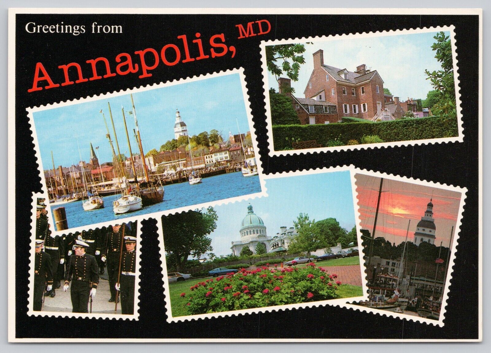 Greetings from Annapolis MD Maryland Multiview Stamp Themed Continental Postcard