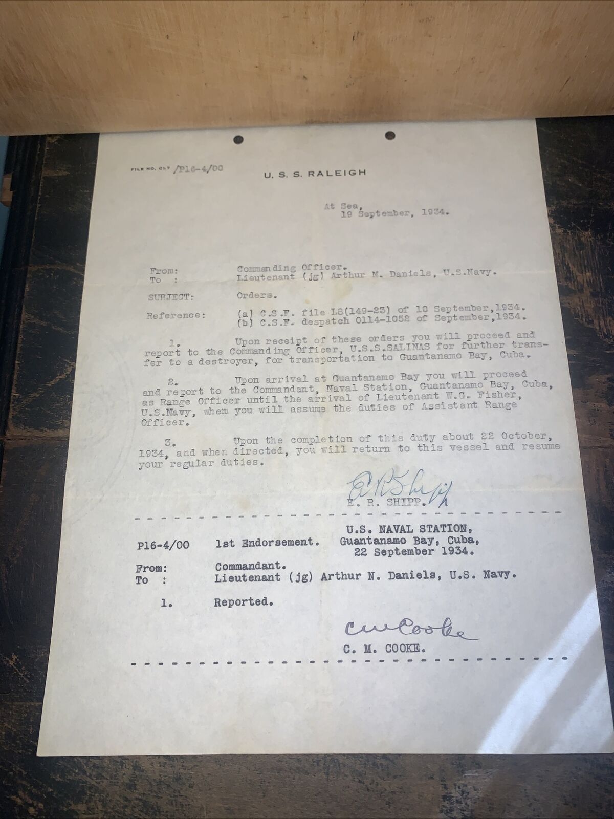 1934 Orders To Lieutenant Arthur N. Daniels U.S. Navy on U.S.S. Raleigh￼.