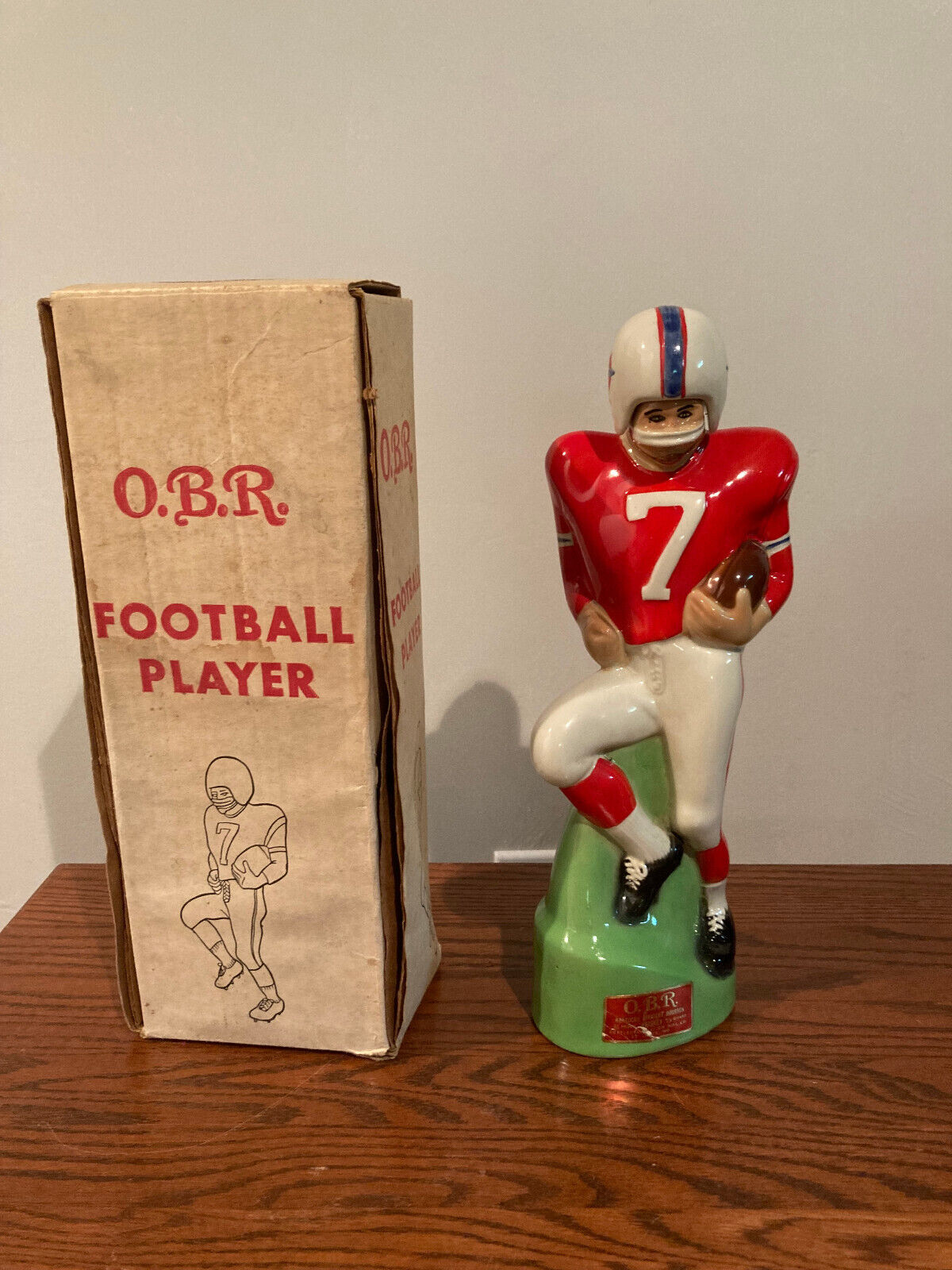 Vintage 1972 O.B.R. Football Player #7 Whiskey Decanter Empty Patriots Colors