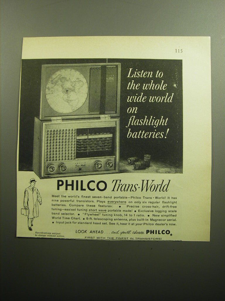 1958 Philco Trans-World Radio Ad - Listen to the whole wide world on batteries