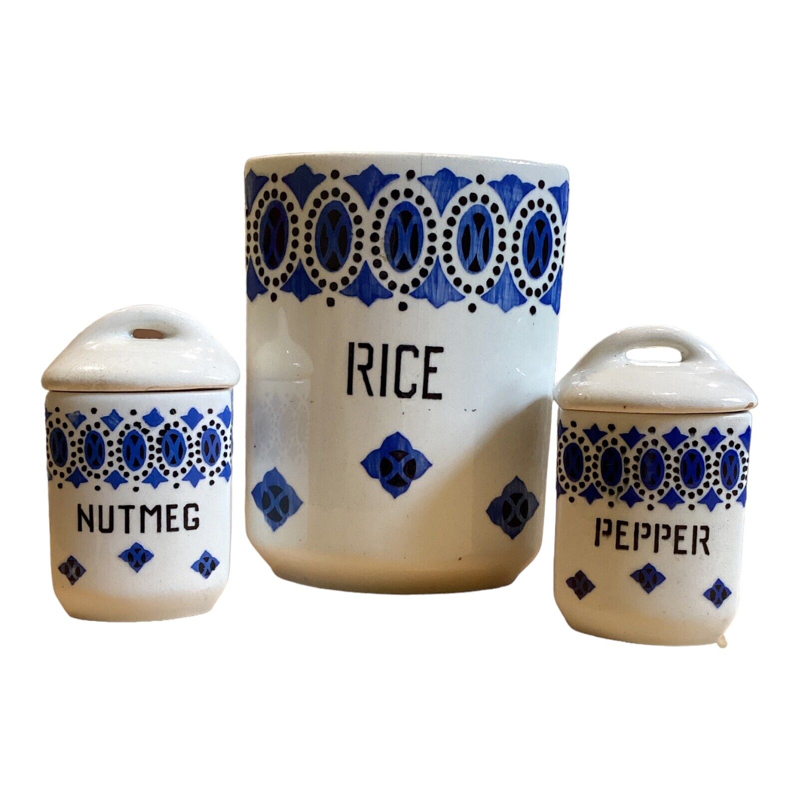 Vintage Czechoslovakian Yvonne Ceramic Containers - Rice, Nutmeg, Pepper