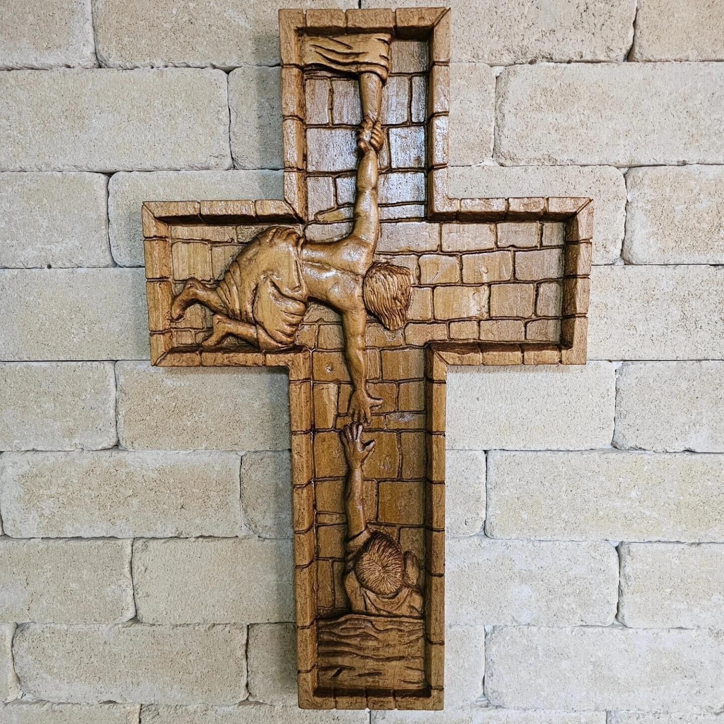 Handcrafted Carved Pine Wood Helping Hands Cross For Christian  Home Decoration