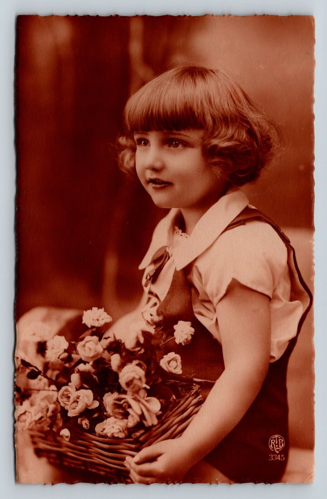 c1926 ADORABLE Belgium Girl's Floral Studio Photo VINTAGE Postcard