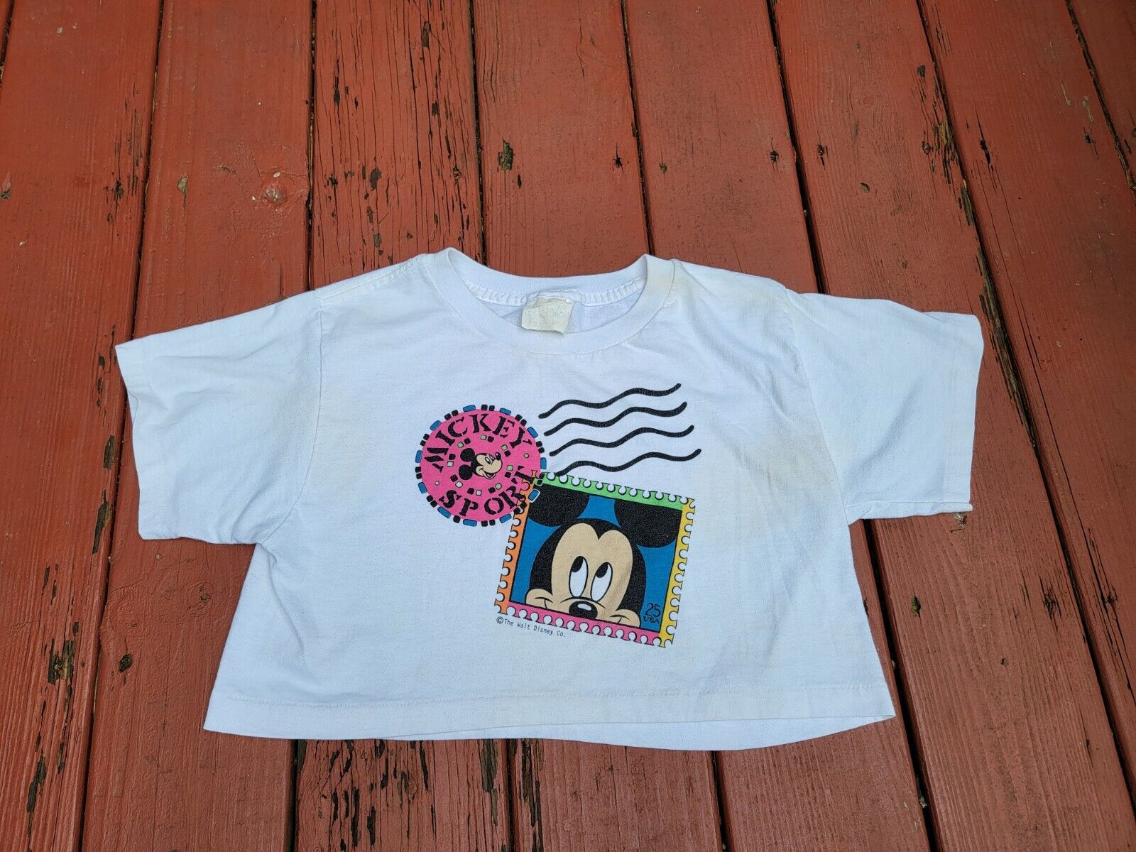 90s Vintage Mickey Mouse T Shirt Single stitch Cropped Size Medium Volleyball 