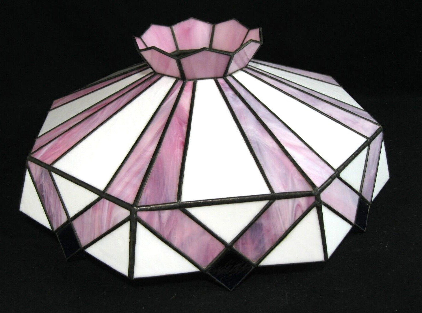 Large Vintage Stained Glass Hanging Lamp Shade Pinkish & White Strips Blue tips