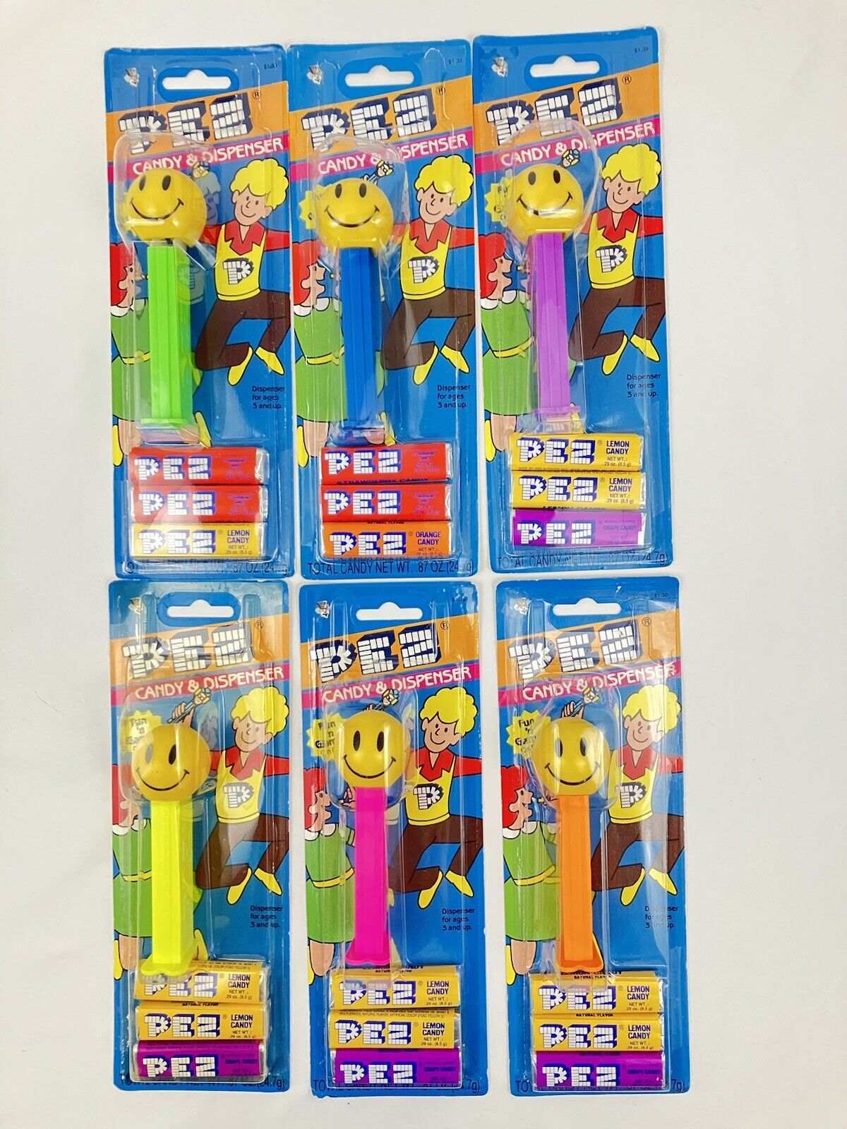PEZ Dispenser Lot of 6 New on Card Funky Faces Smiley (2000) Yellow Head