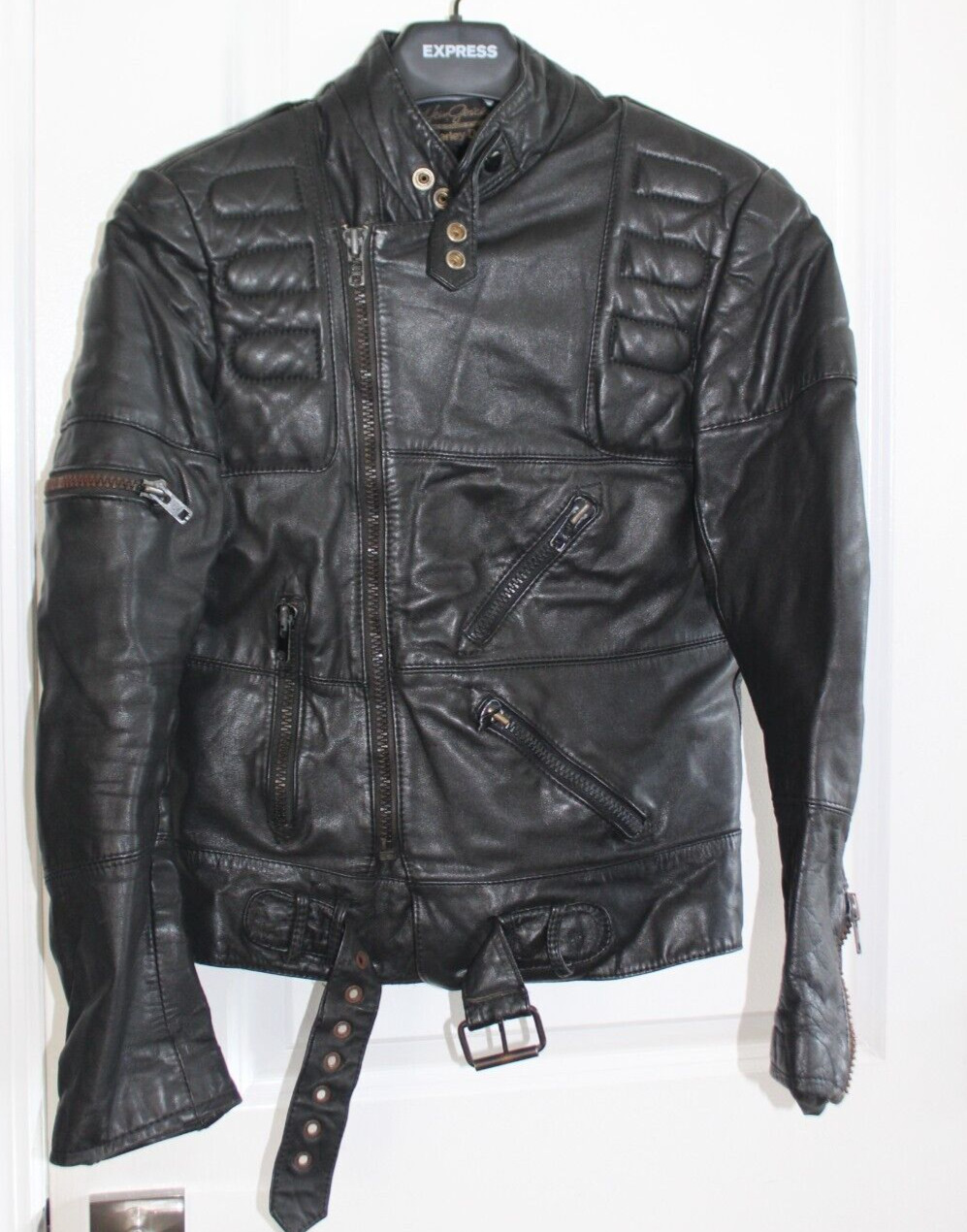 Harley- Davidson Vintage Black Leather Belted Biker Jacket Coat Men's 48 Regular