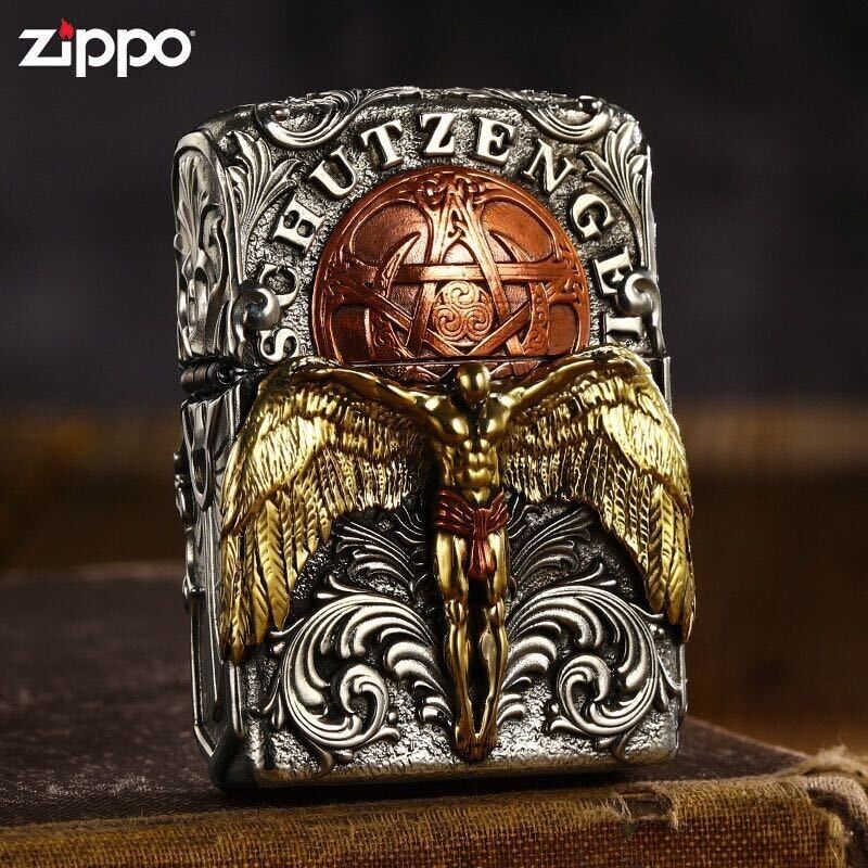 New Zippo oil Lighter angel wings gold with box