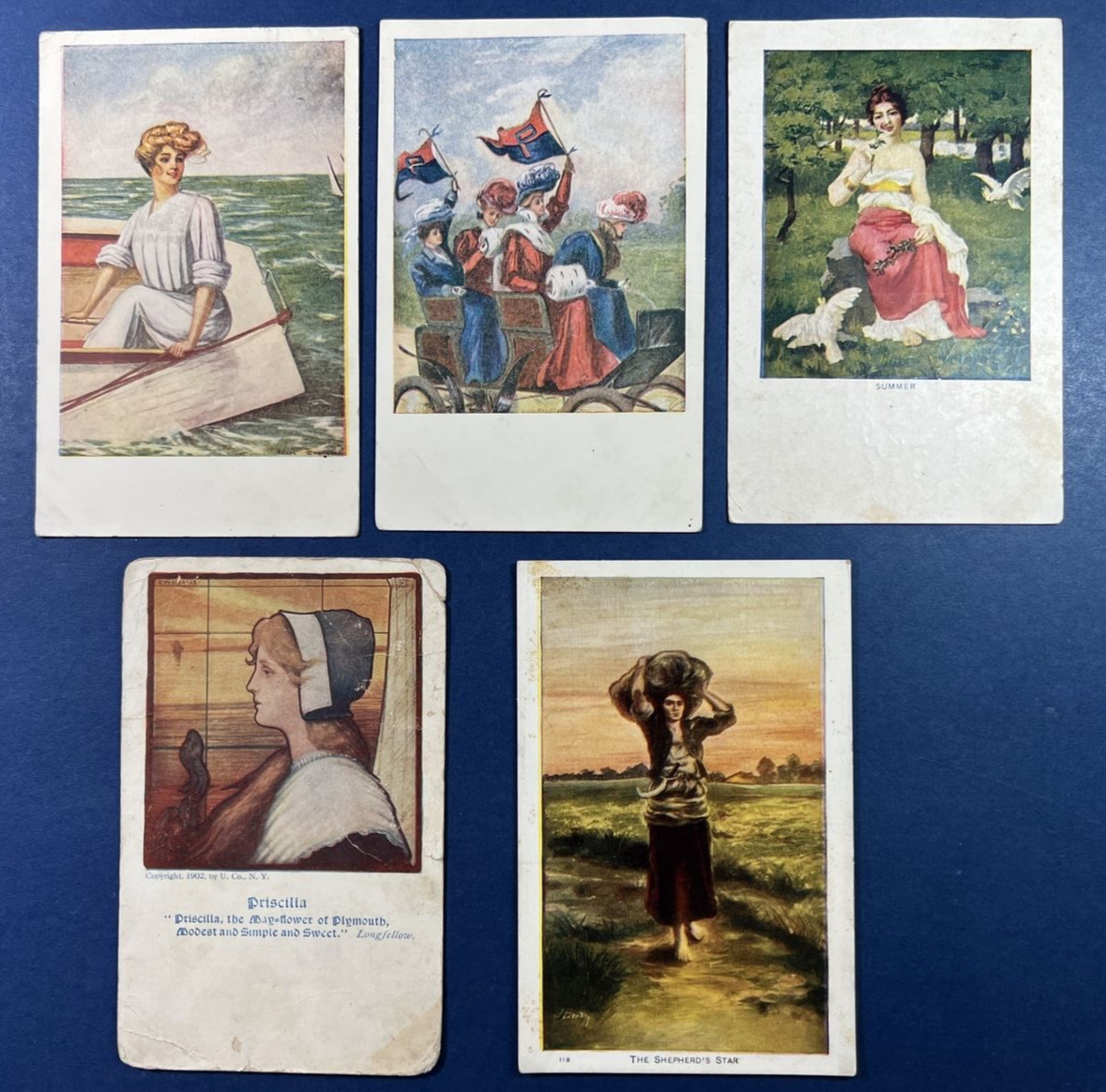 Mixture 5 Drawn Ladies Greetings Antique Postcards, 1907-08 Era. 1 Collegiate