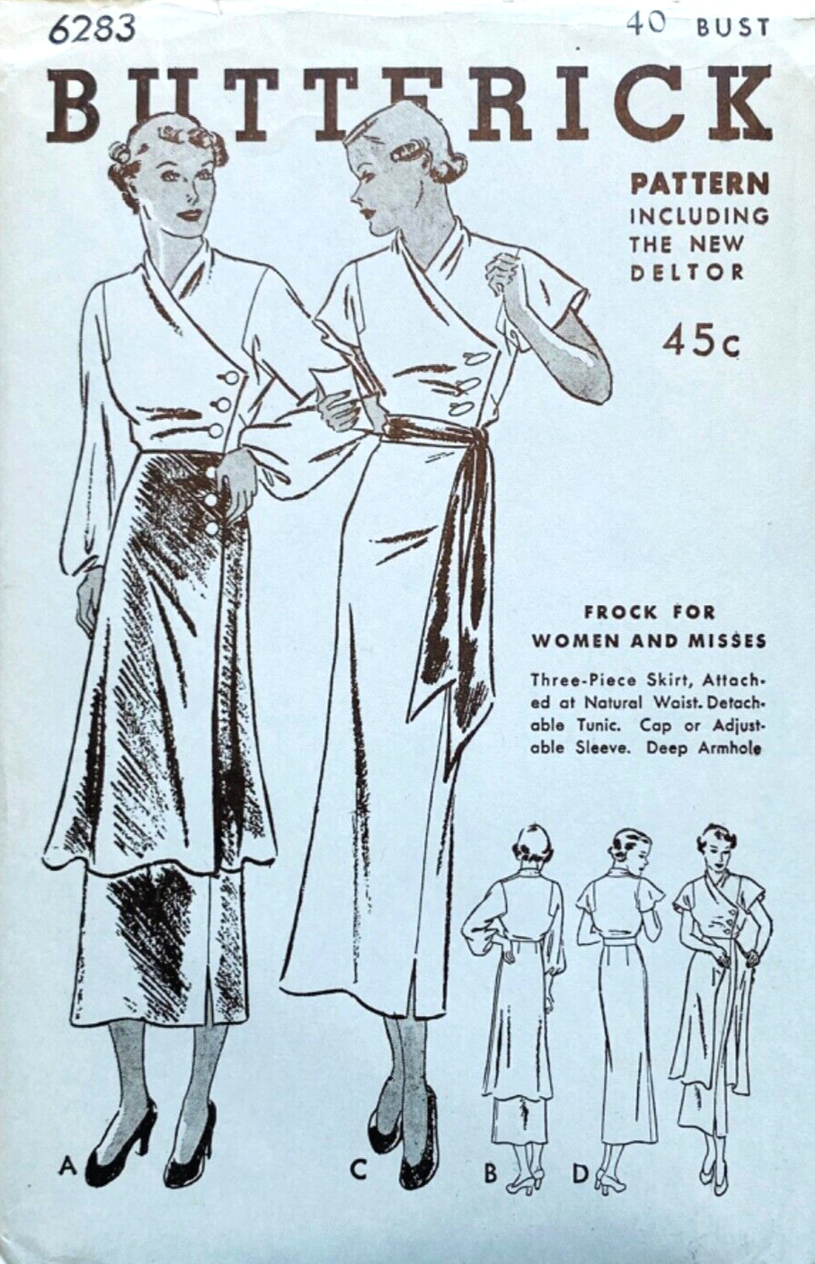 RARE 1930s BUTTERICK 6283 BUST 40 DRESS SLEEVE VARIATIONS UC/FF