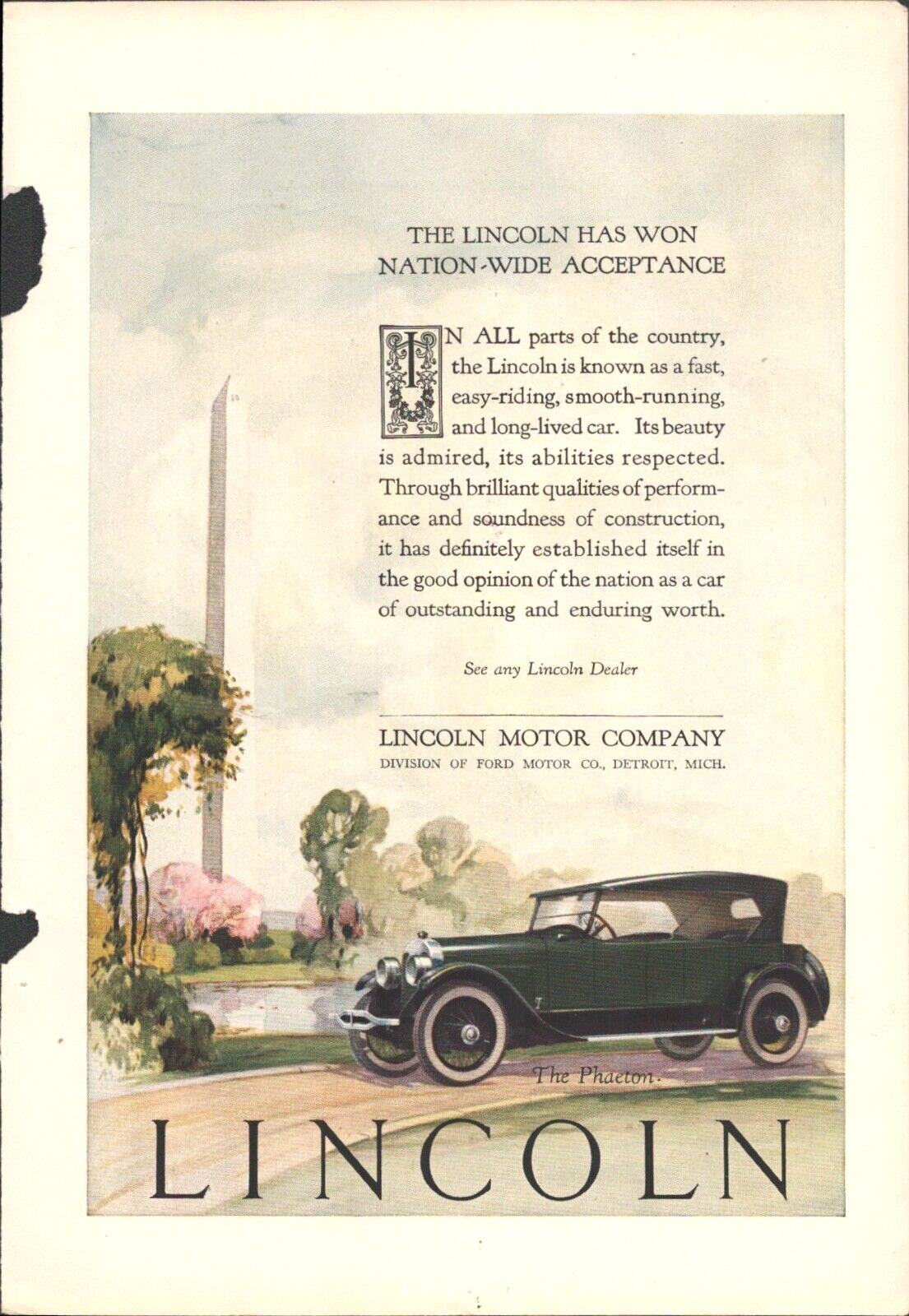 1924 LINCOLN MOTOR COMPANY (FORD) antique magazine advertisement THE PHAETON