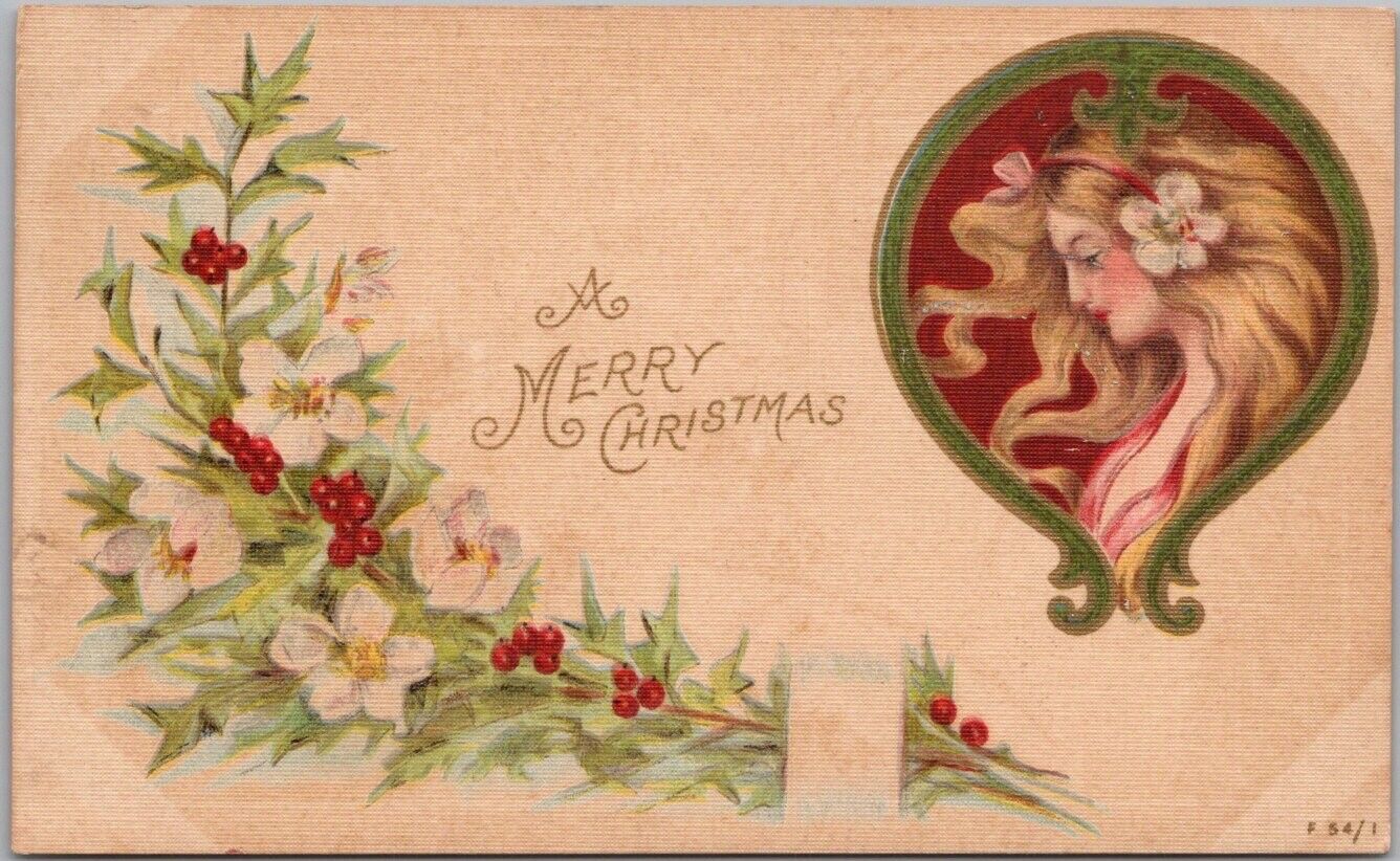 1908 ART NOUVEAU Merry Christmas Postcard Pretty Lady / Holly - ROTOGRAPH Linen