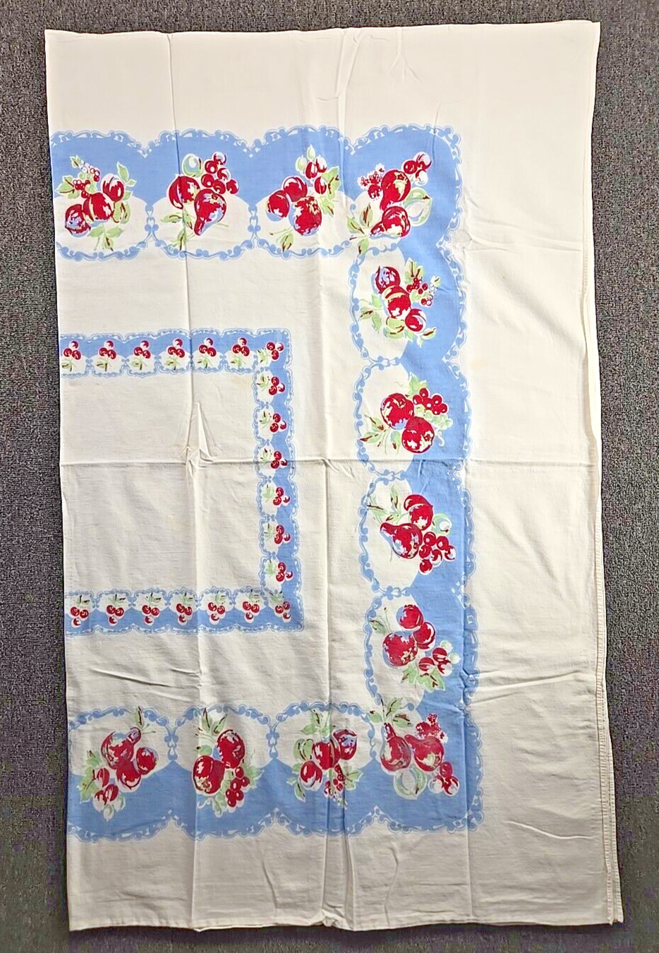 Vintage 50s Tablecloth 56x68 Cherries Fruit Farmhouse Cottage Country Red Blue